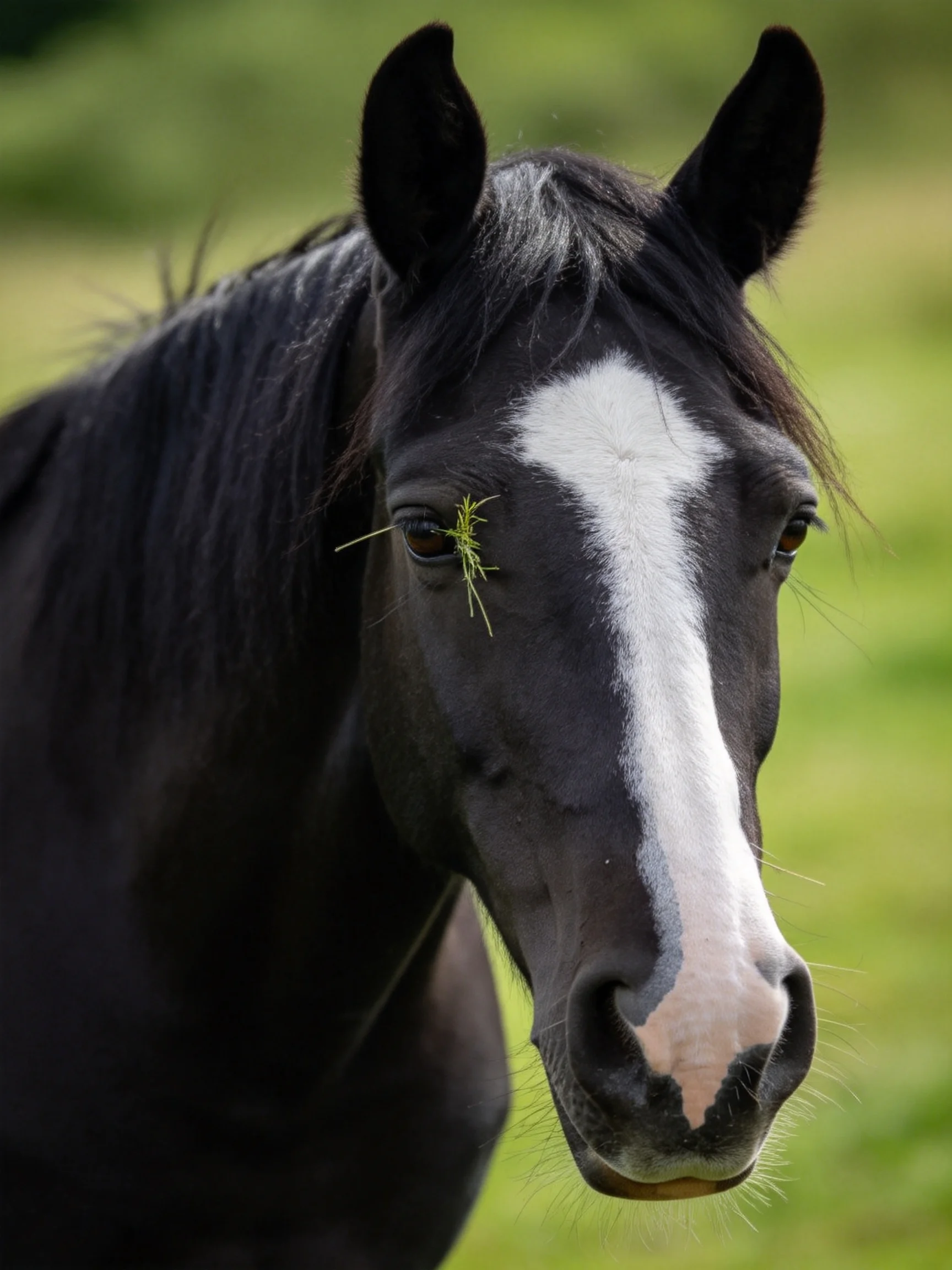 A black horse with a white blaze in a green field