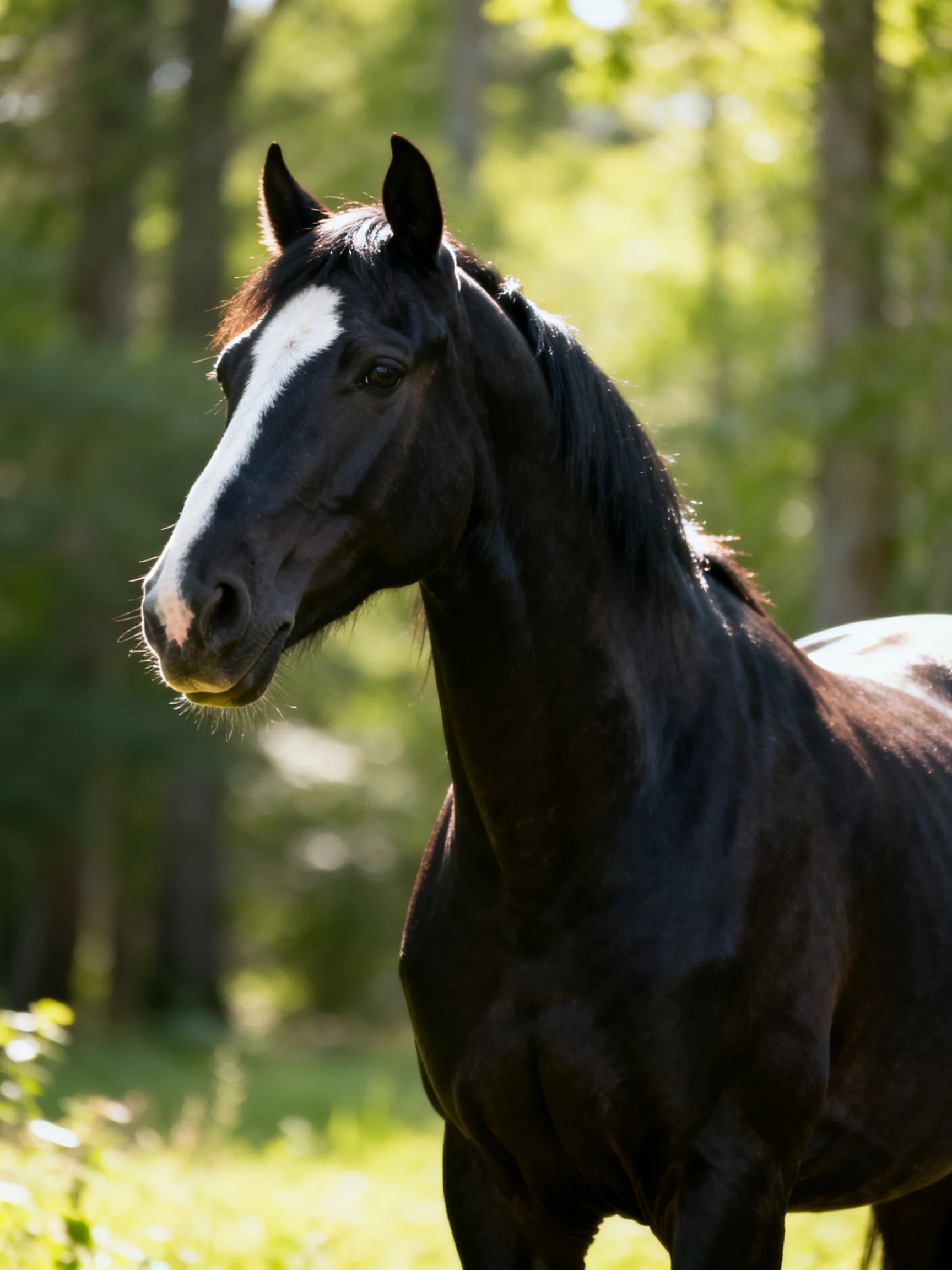 A black horse with a white blaze in a sunlit forest clearing