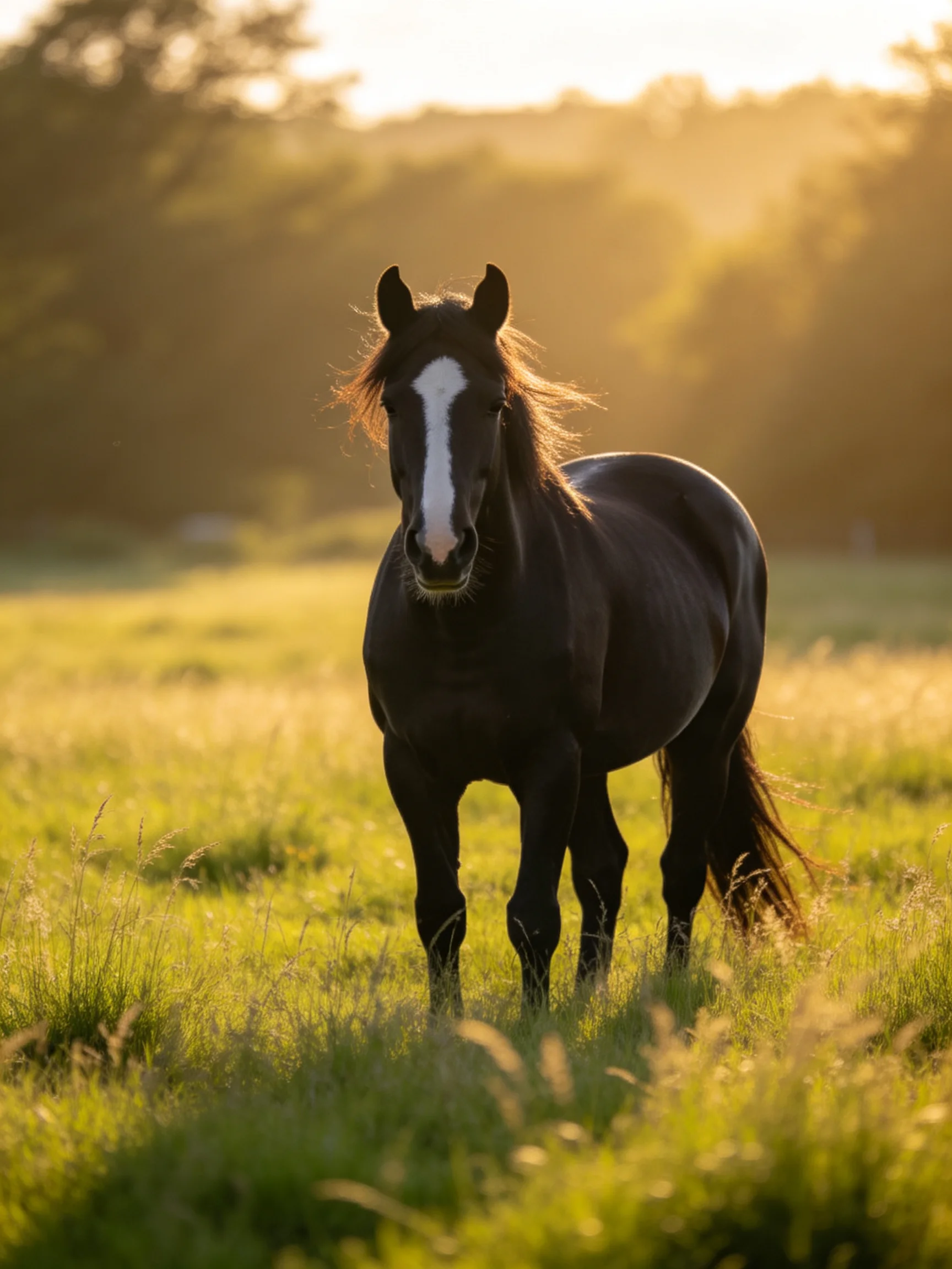 A black horse with a white blaze in a sunlit meadow