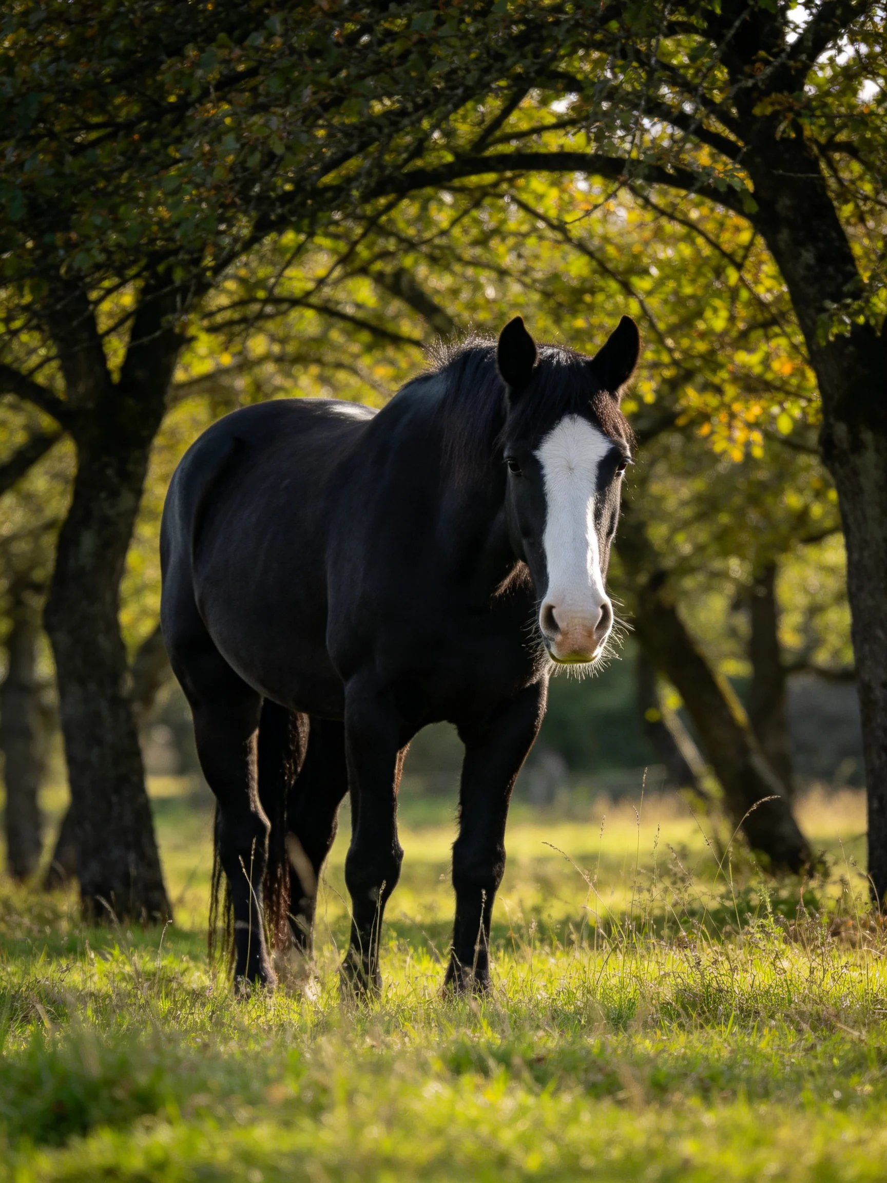 A black horse with a white blaze in a sunlit wooded clearing