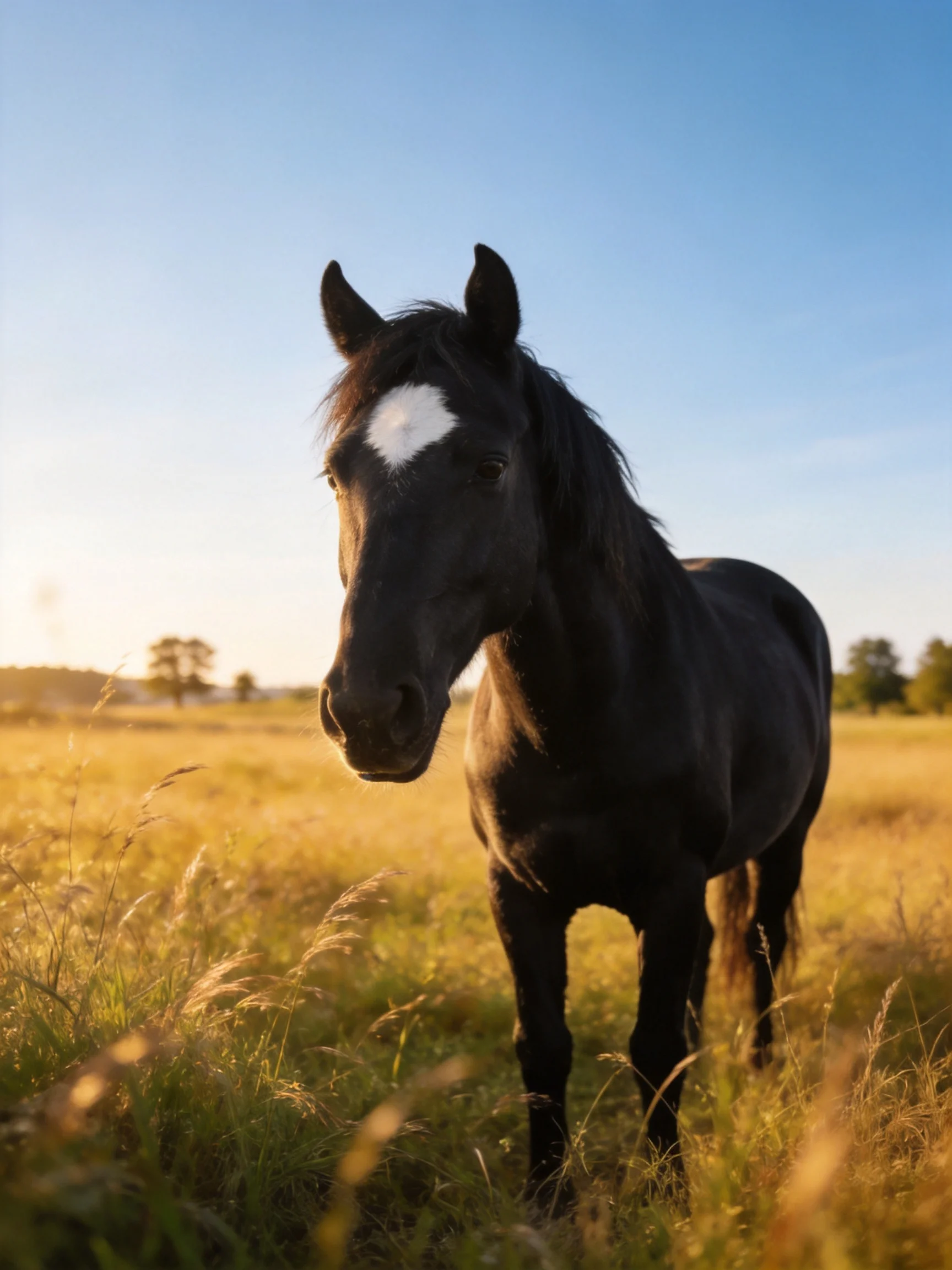 A black horse with a white blaze stands in a sunlit golden field