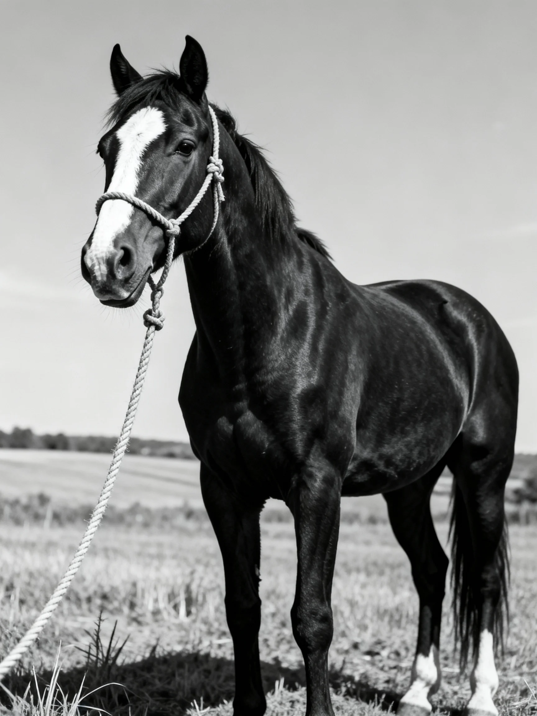 A black horse with a white blaze stands in an open field