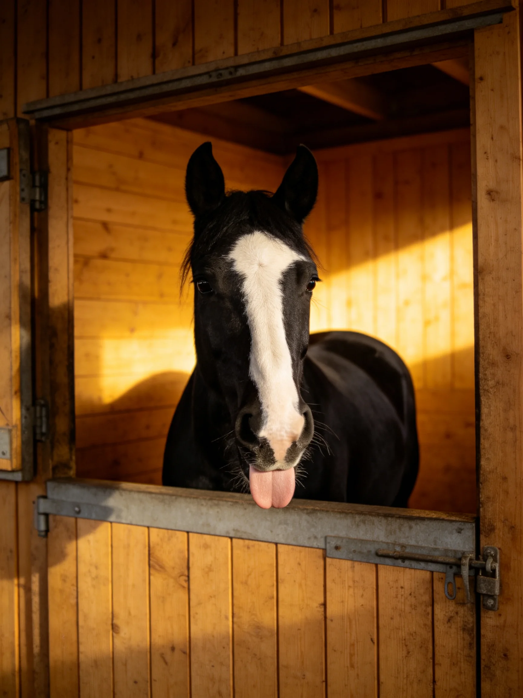 A black horse with a white blaze sticks its tongue out from a wooden stable