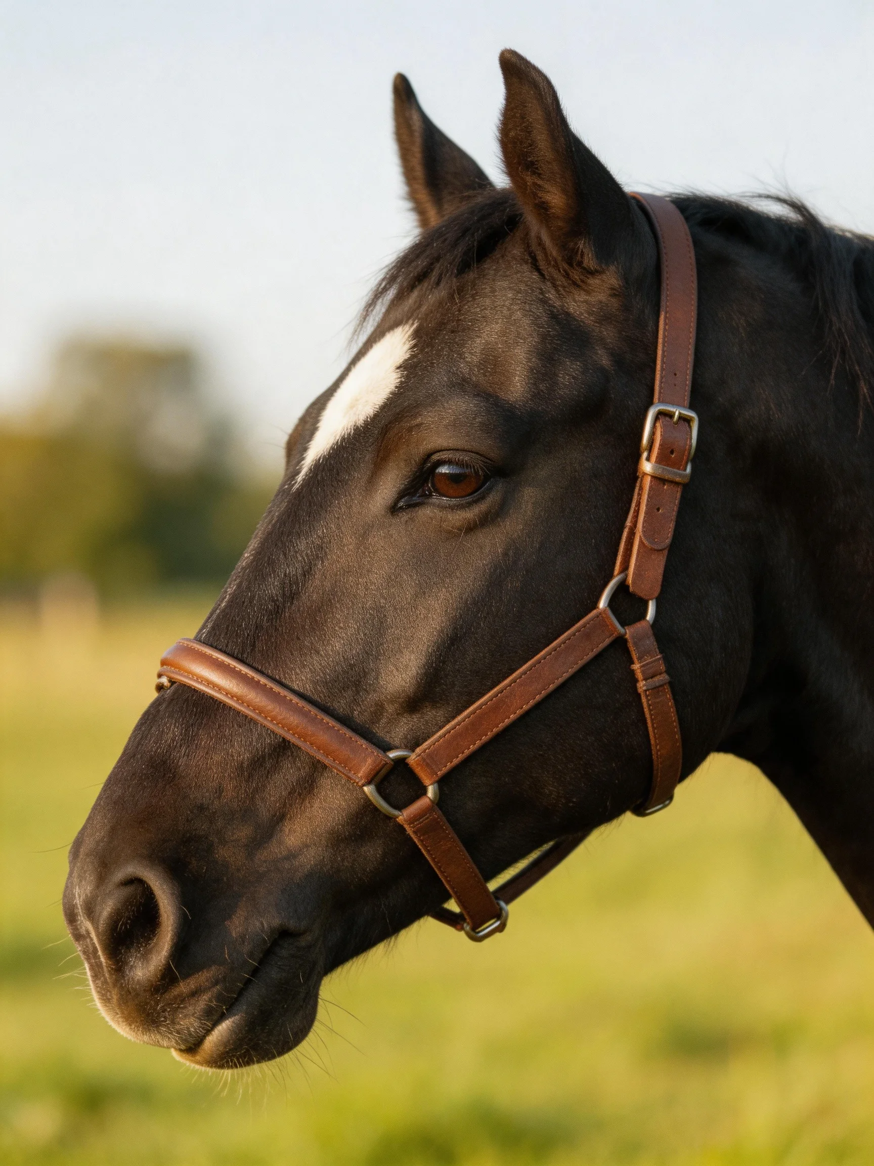 A black horse with a white blaze wears a brown leather halter