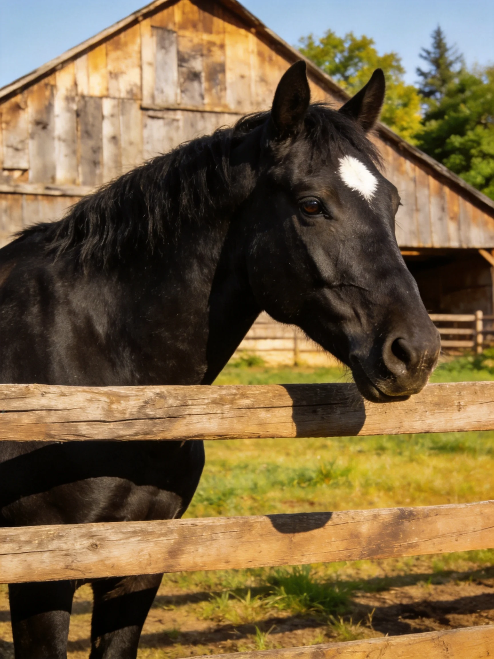 A black horse with a white facial marking stands by an old wooden barn