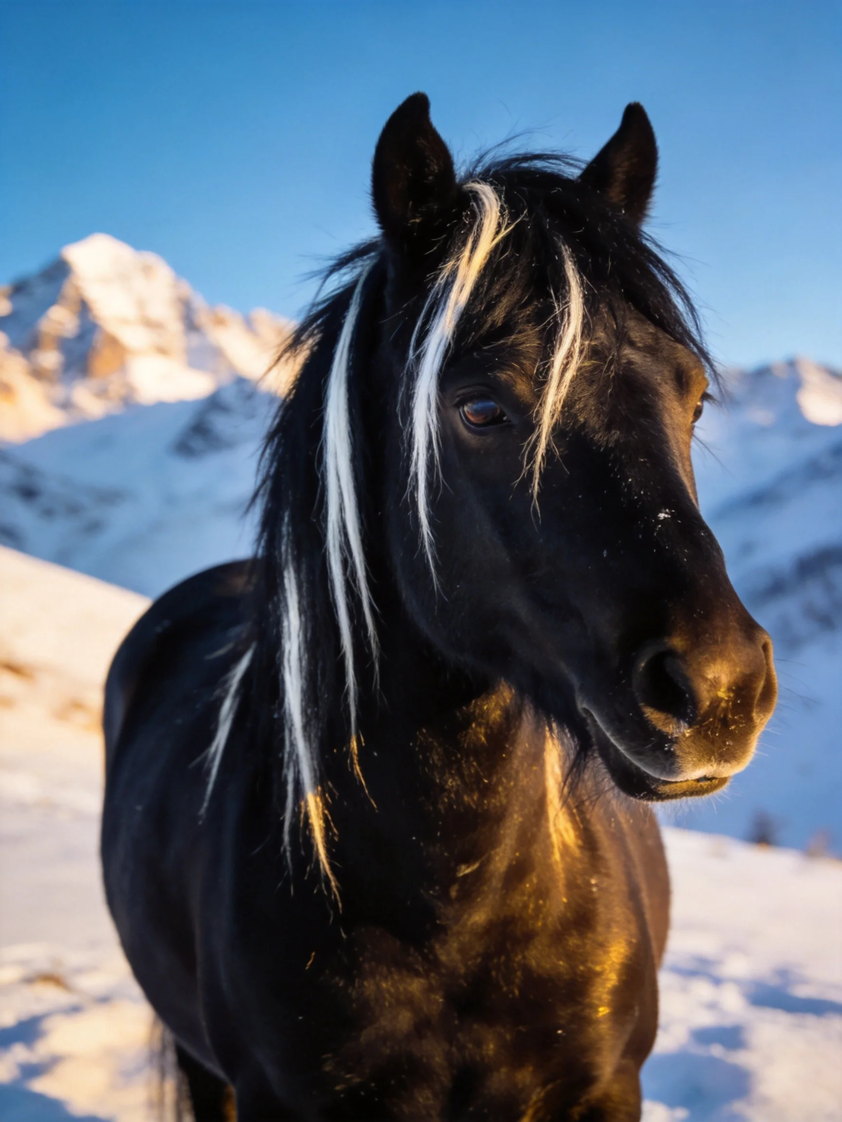 A black horse with a white mane stands among snow - capped mountains under a clear blue sky