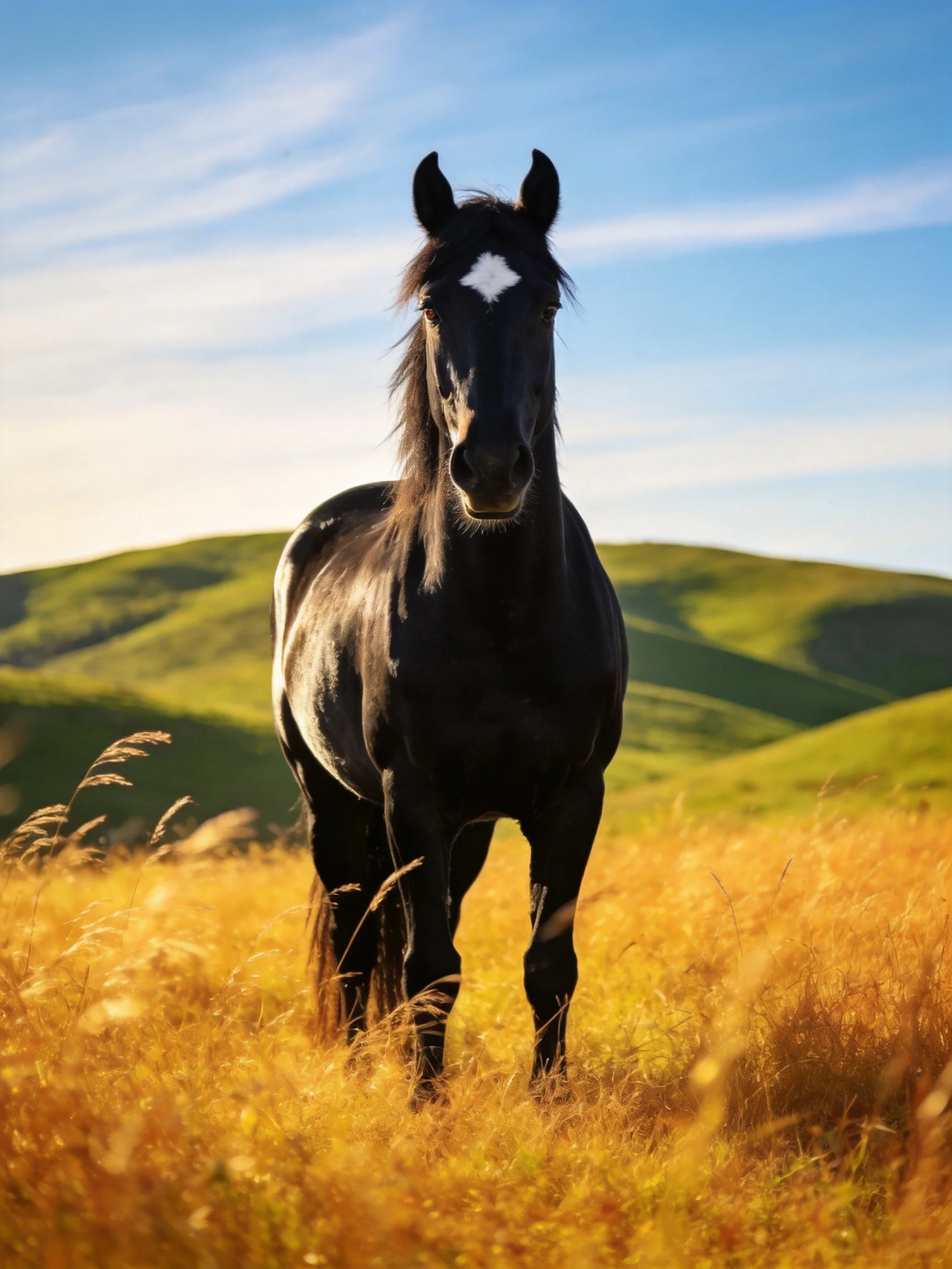 A black horse with a white marking stands in a golden meadow with green rolling hills