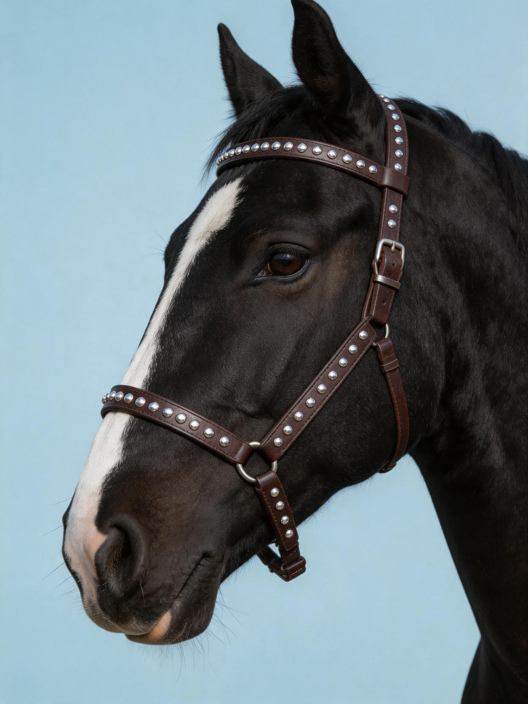 A black horse with a white stripe wears a brown studded bridle