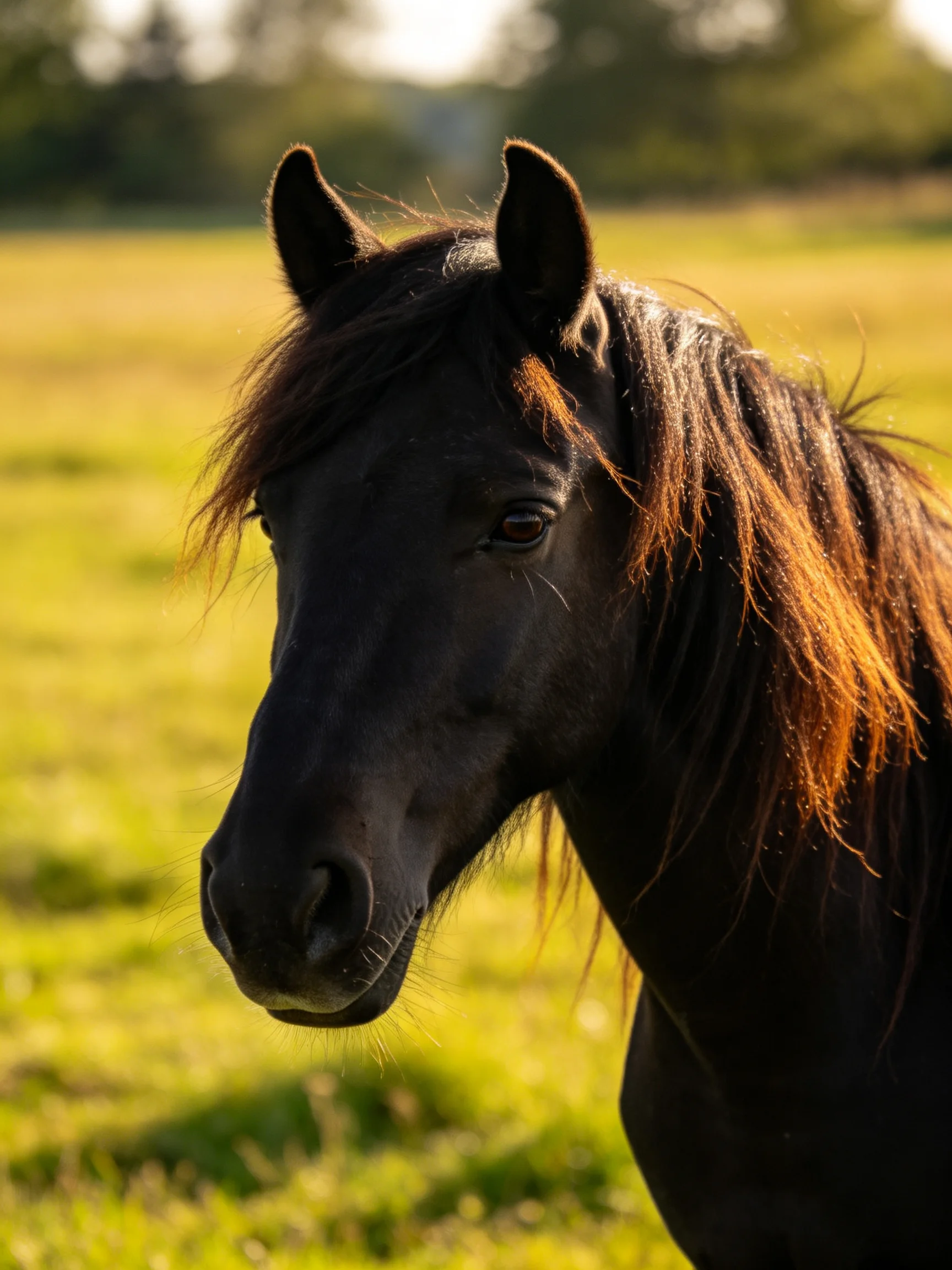 A black horse with golden mane in a sunlit meadow