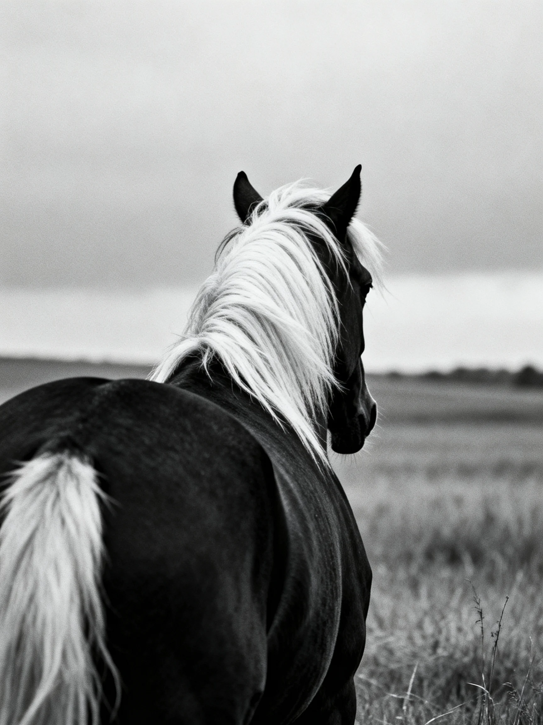 A black horse with long white mane in an open field