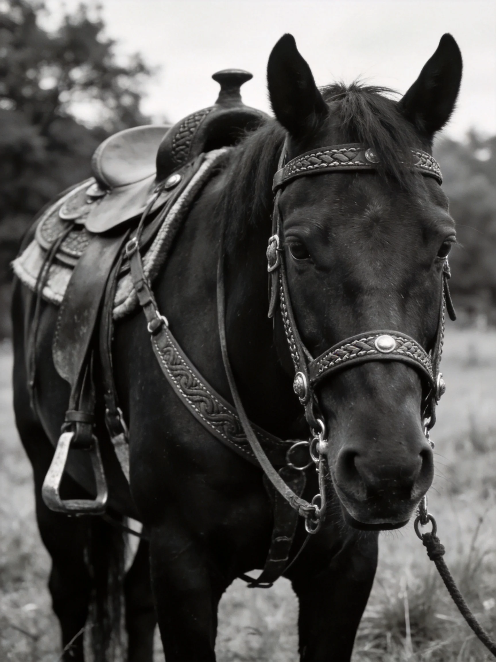 A black horse with ornate bridle and saddle in an open field