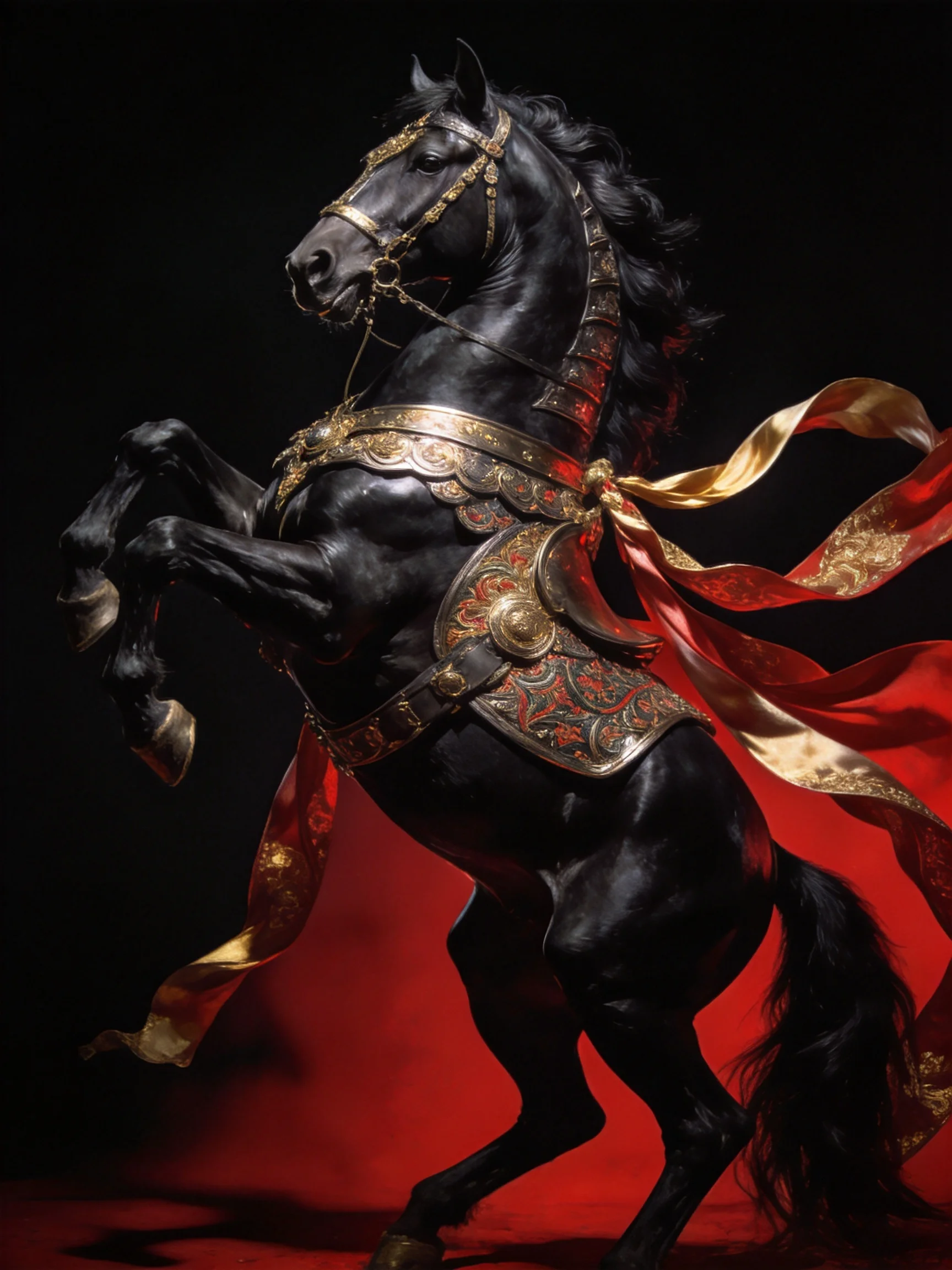 A black horse with ornate golden and red gear rears dramatically