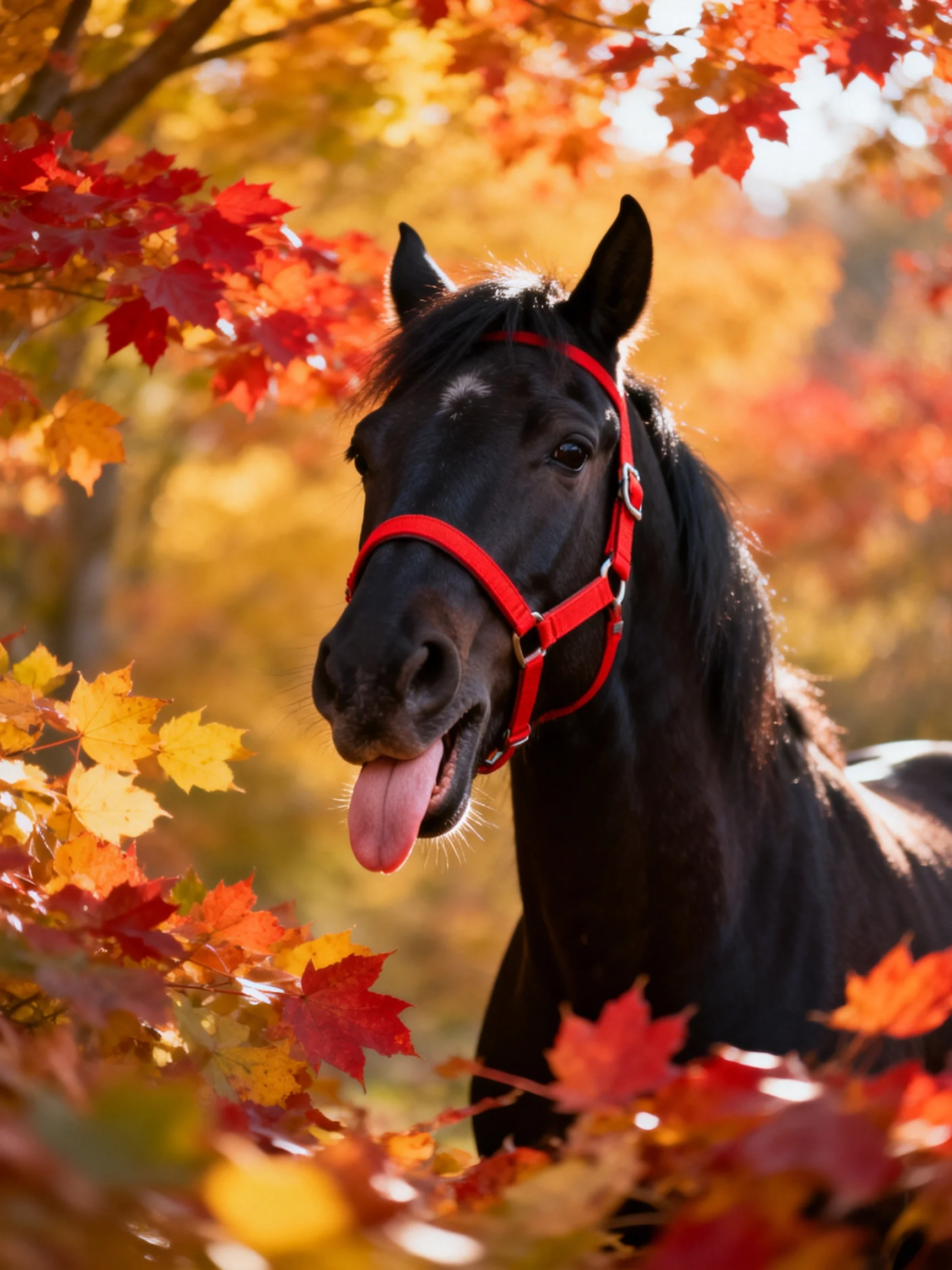 A black horse with a red halter stands among autumn leaves.