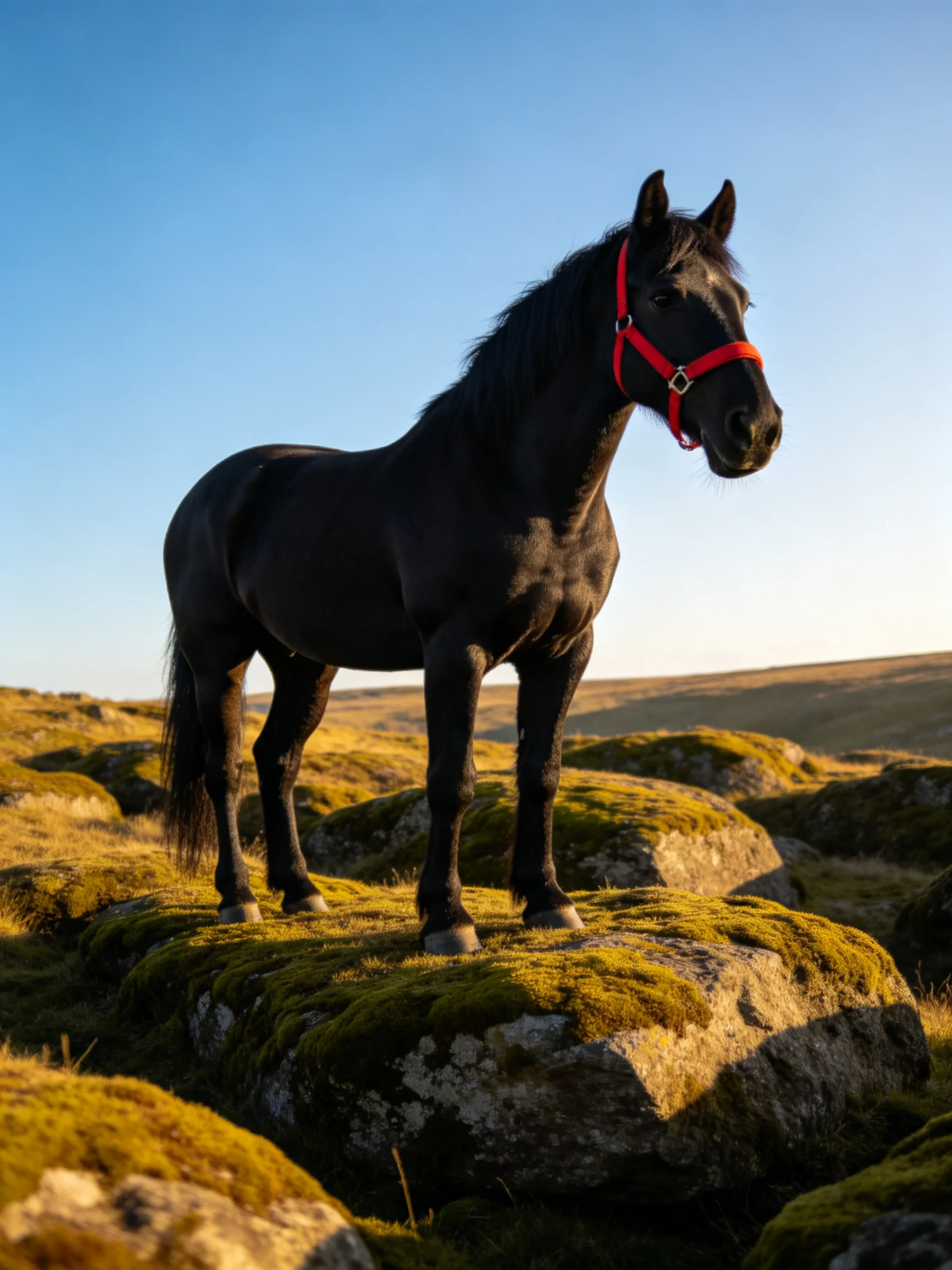 A black horse with red halter stands on moss-covered rocks
