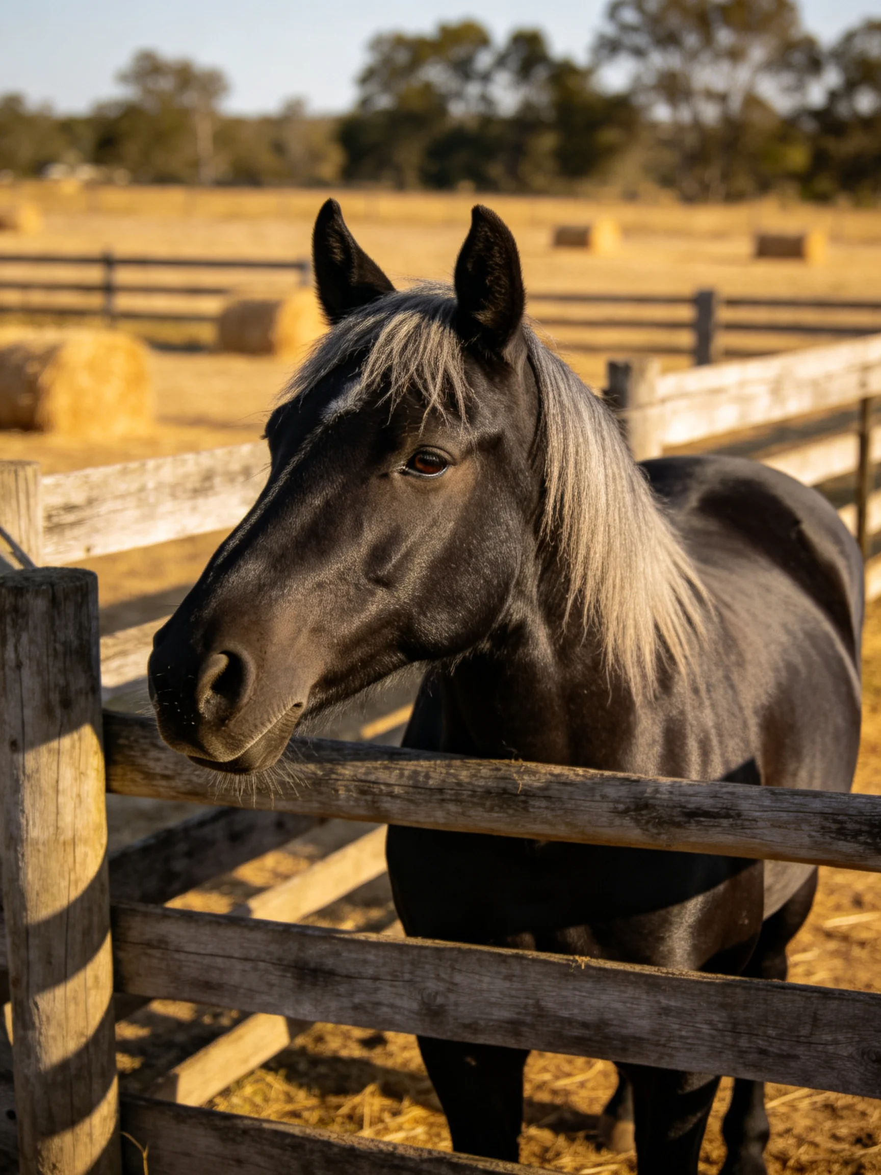 A black horse with silver mane near weathered wooden fences in a golden field