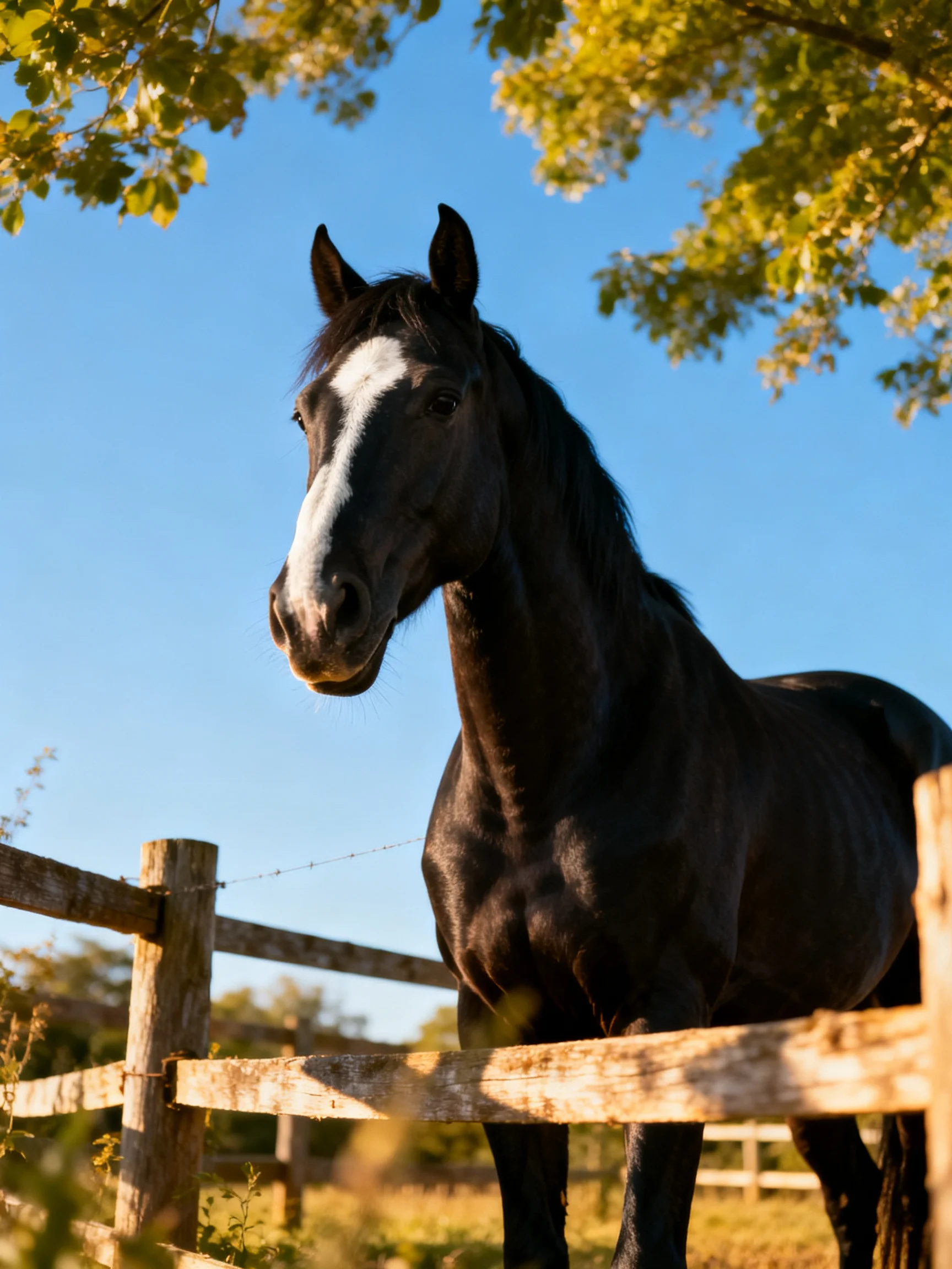 A black horse with white blaze near a wooden fence under a clear blue sky