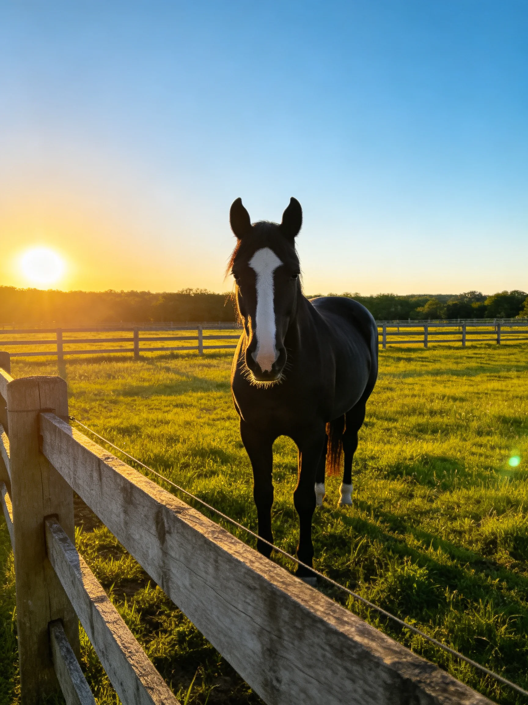 A black horse with white blaze near wooden fence during sunset