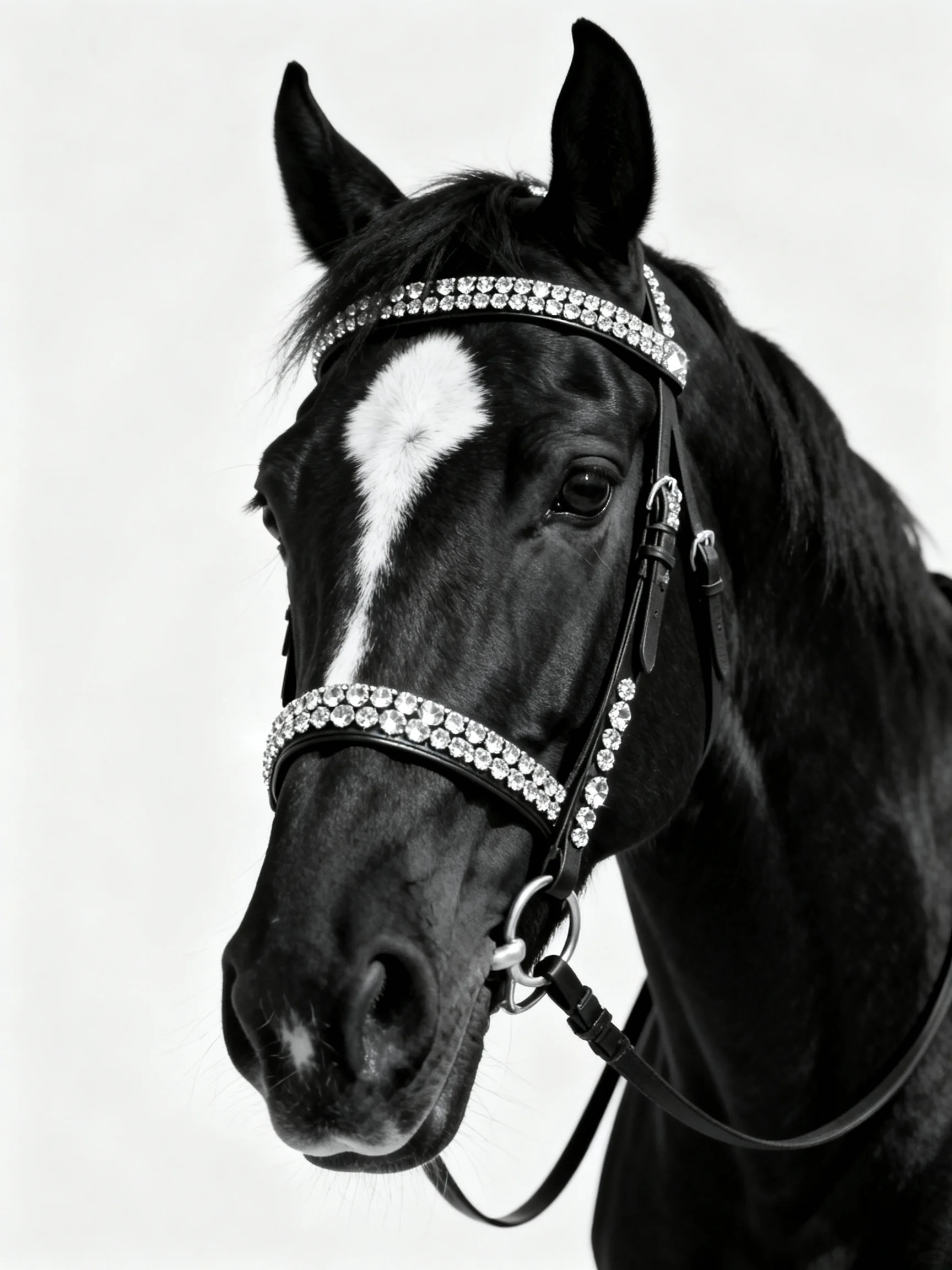 A black horse with white facial marking wearing jeweled bridles
