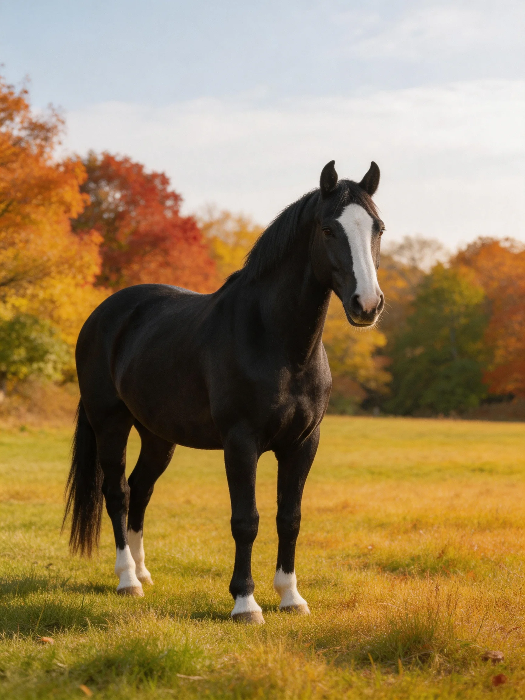 A black horse with white markings stands in an autumn meadow