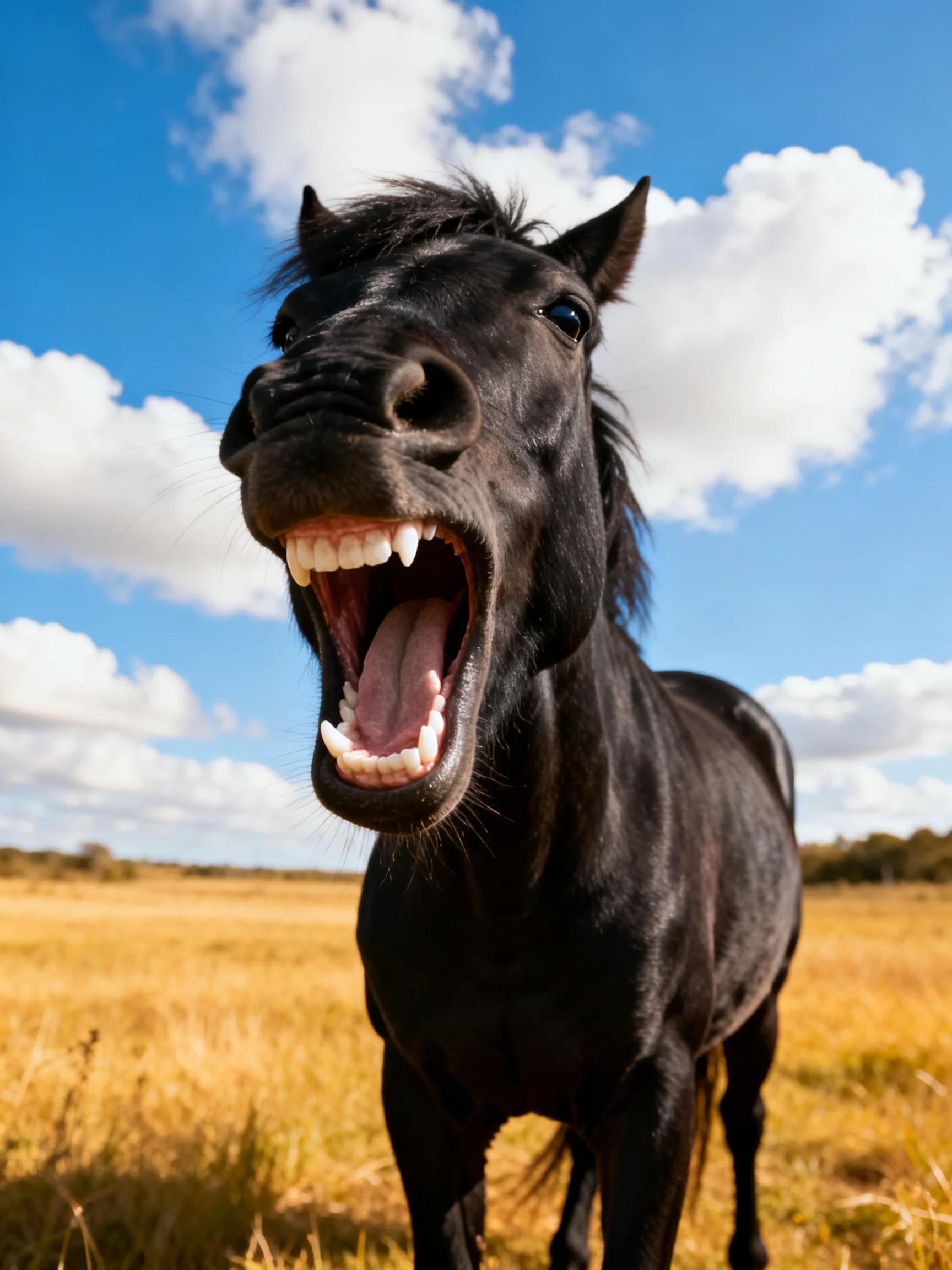 A black horse yawning in a golden field under bright blue sky