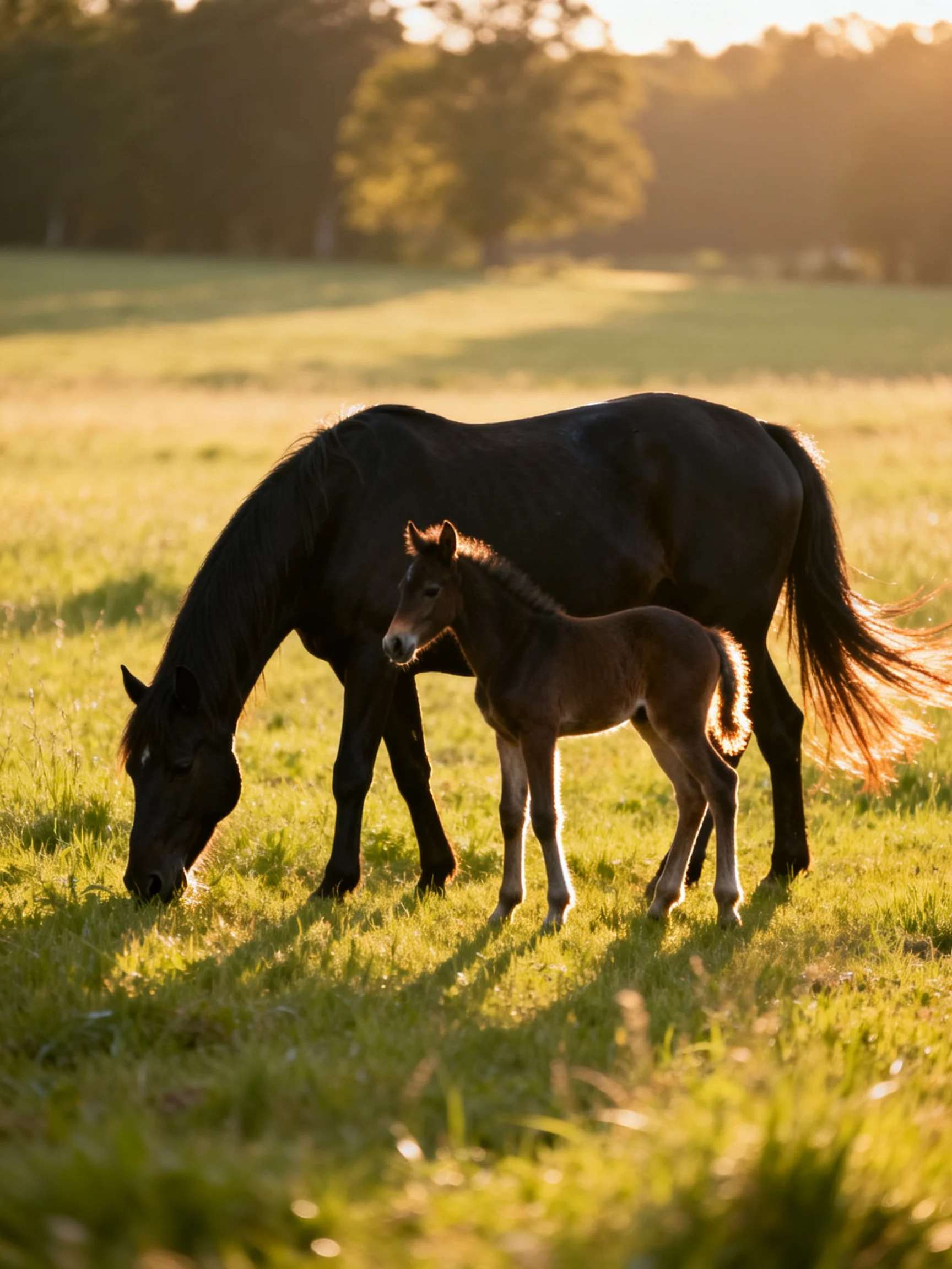 A black mare and brown foal graze in a golden meadow at sunset