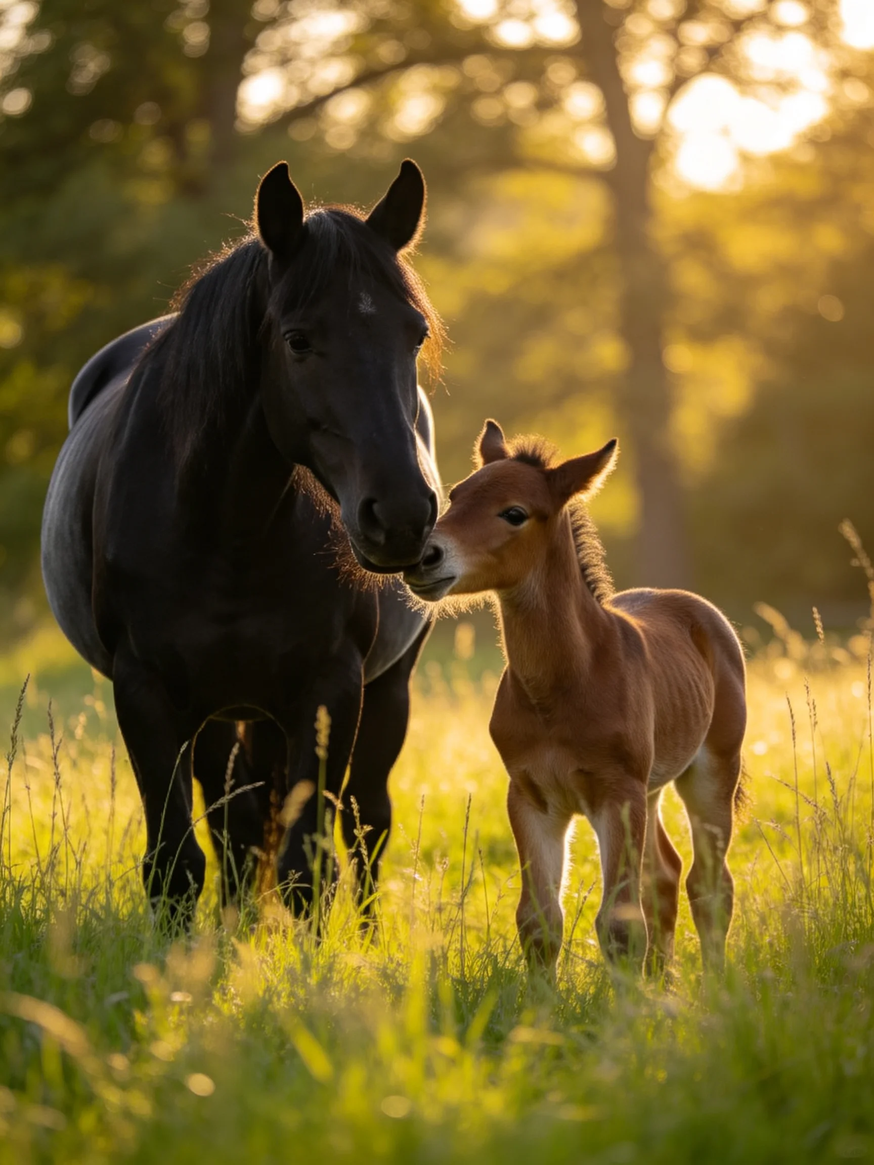 A black mare and brown foal in a sun-drenched green pasture