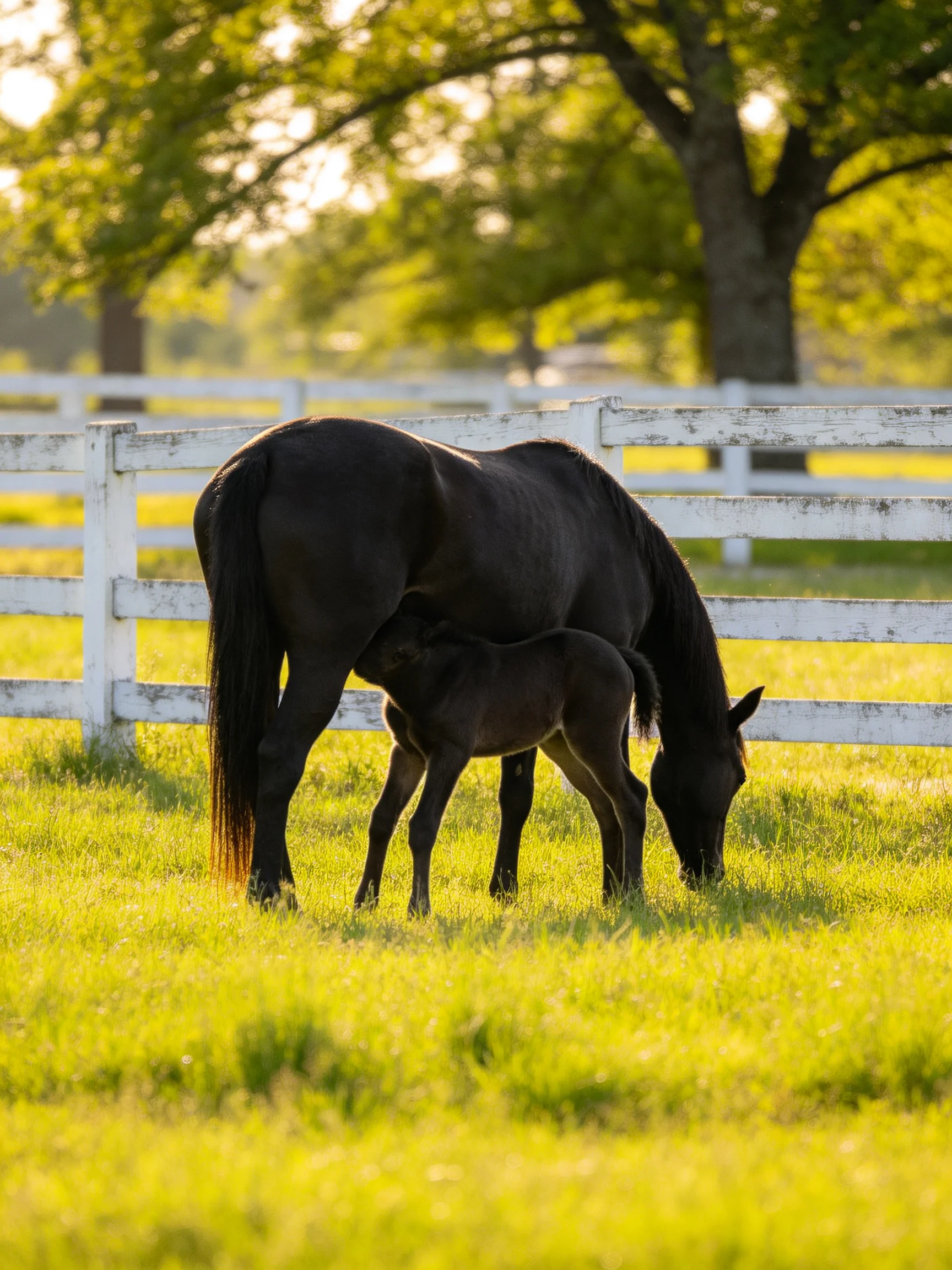 A black mare and foal graze in a sunlit green pasture near a white fence