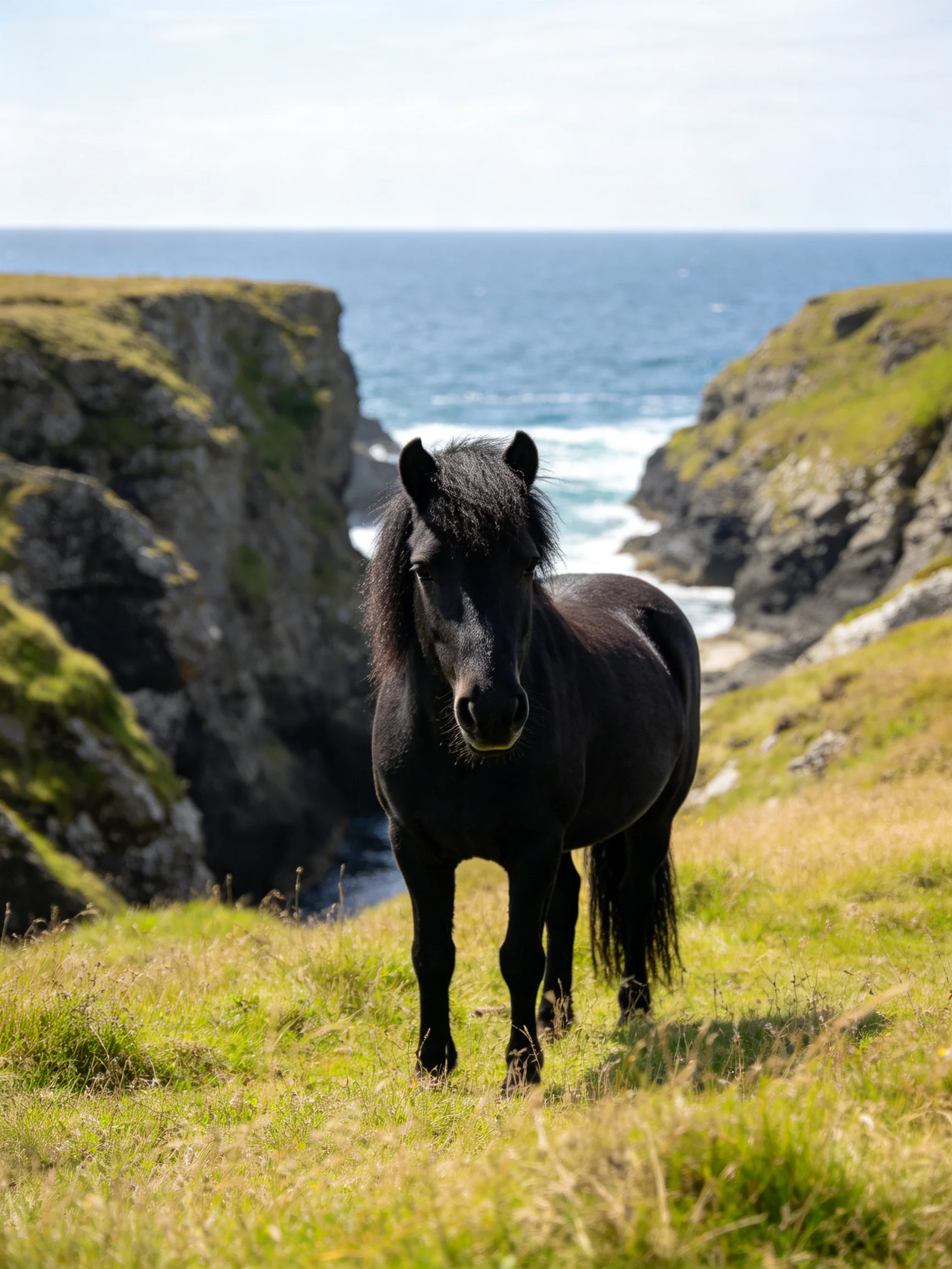 A black pony stands on grassy terrain beside rocky cliffs by the sea