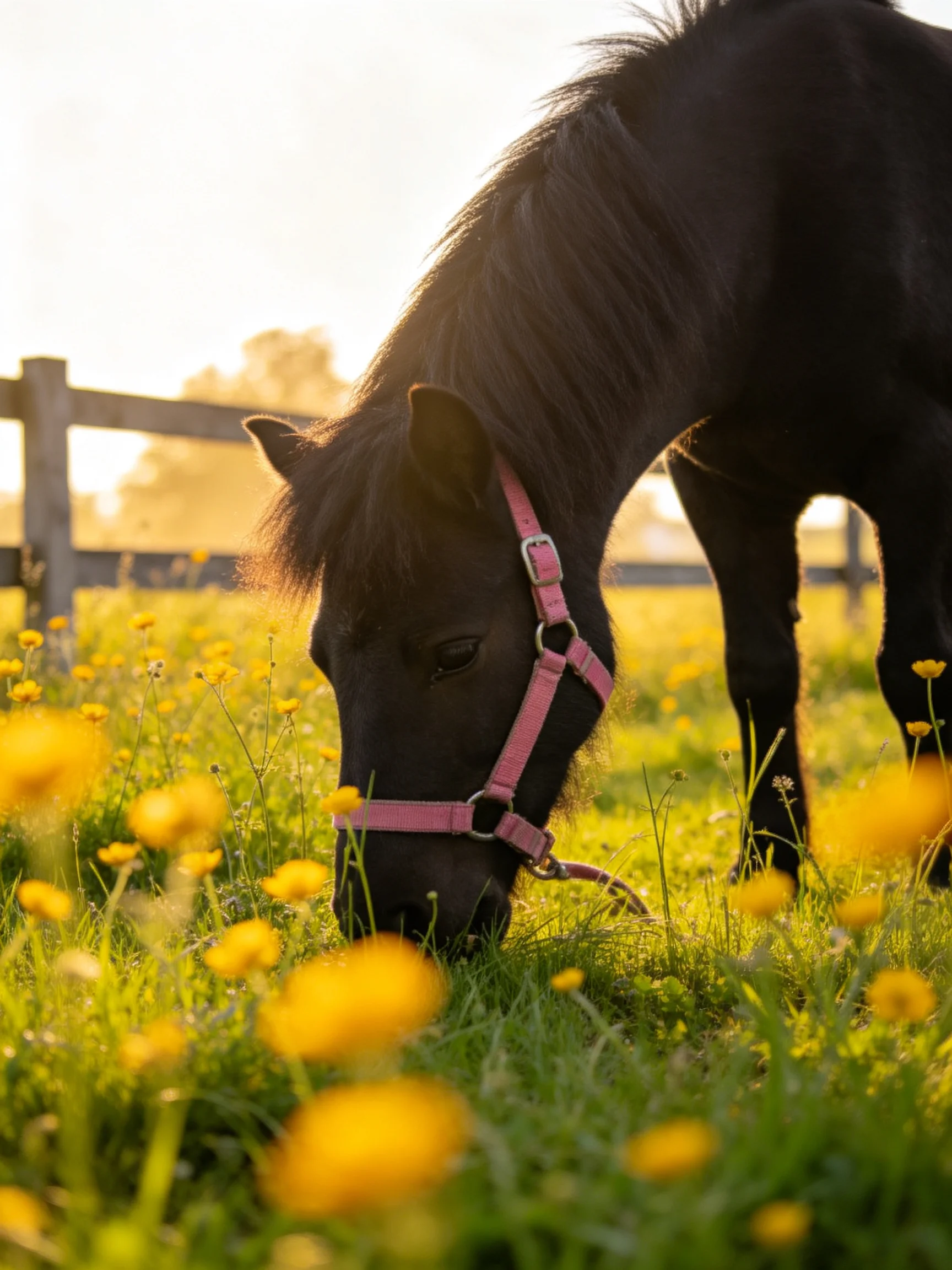 A black pony with pink halter grazing in a yellow-flowered meadow