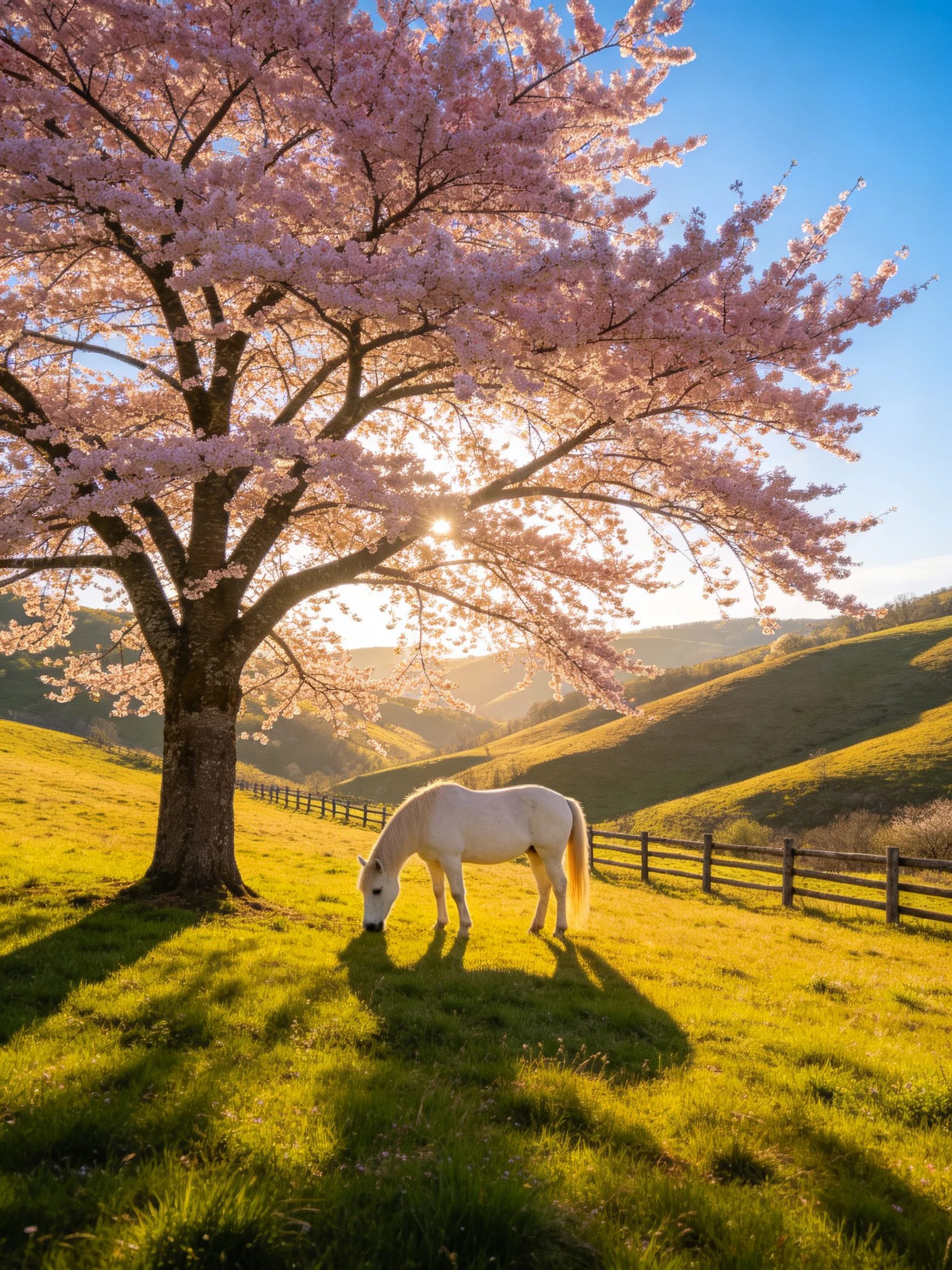 A blooming pink cherry blossom tree beside a grazing white horse