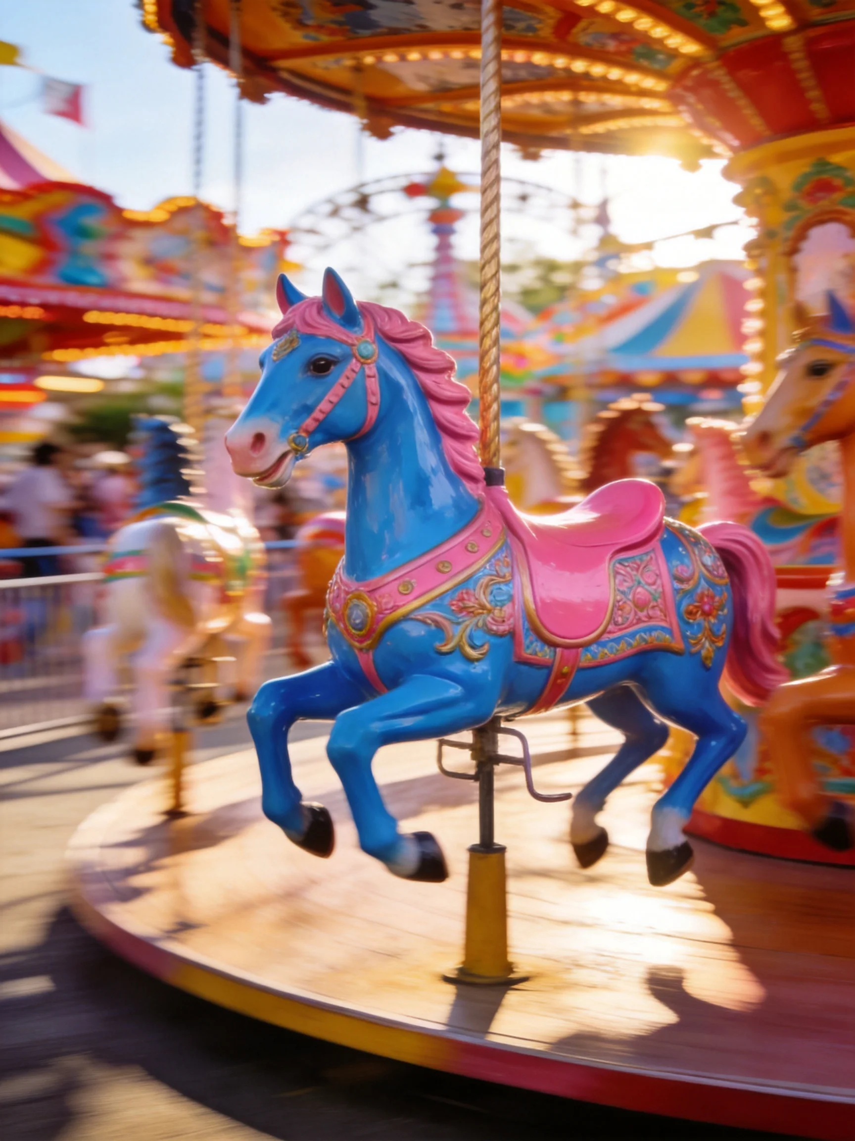 A bright blue carousel horse with pink accents spinning in a colorful amusement area
