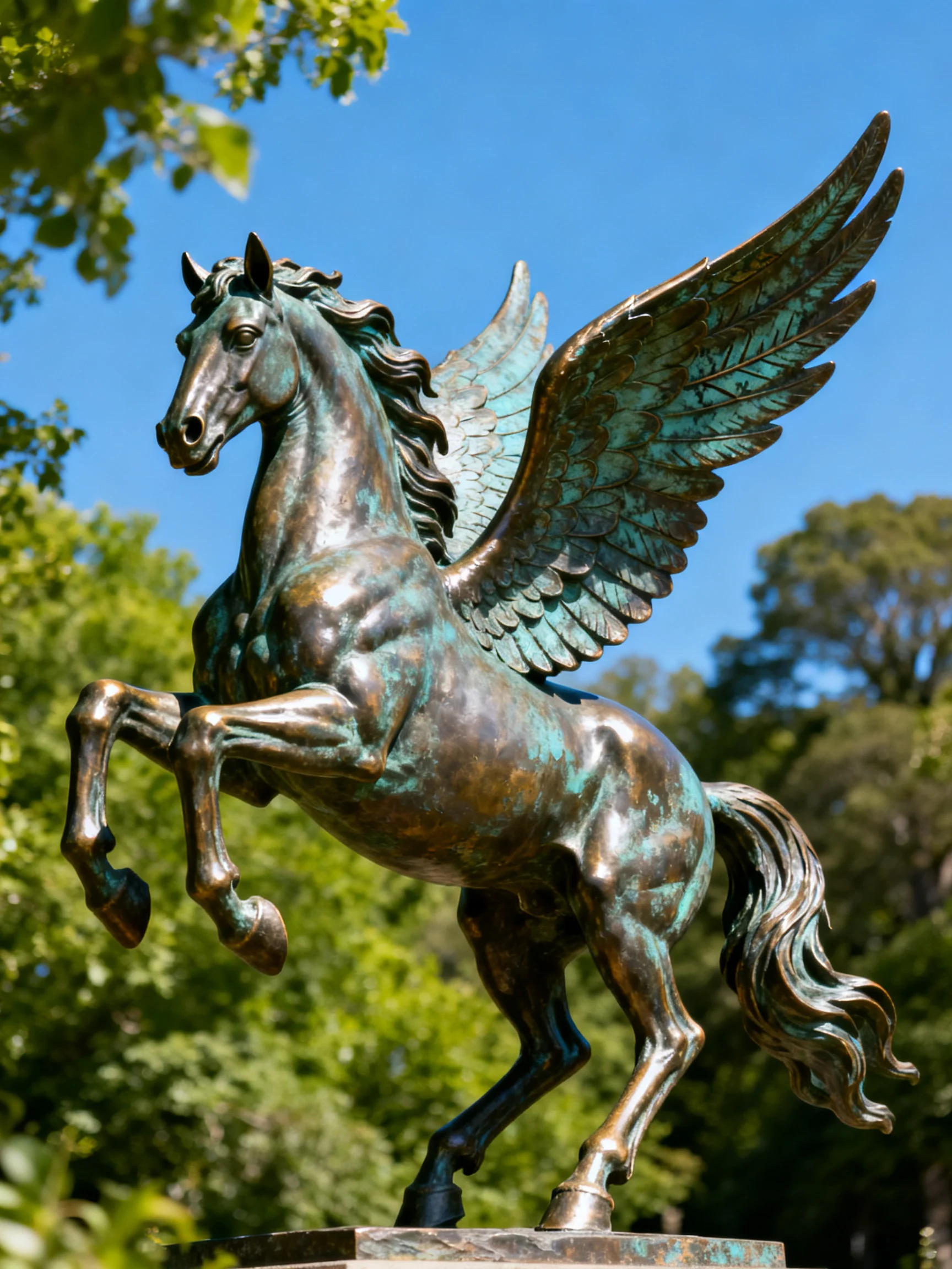 A bronze Pegasus statue with turquoise patina in a park