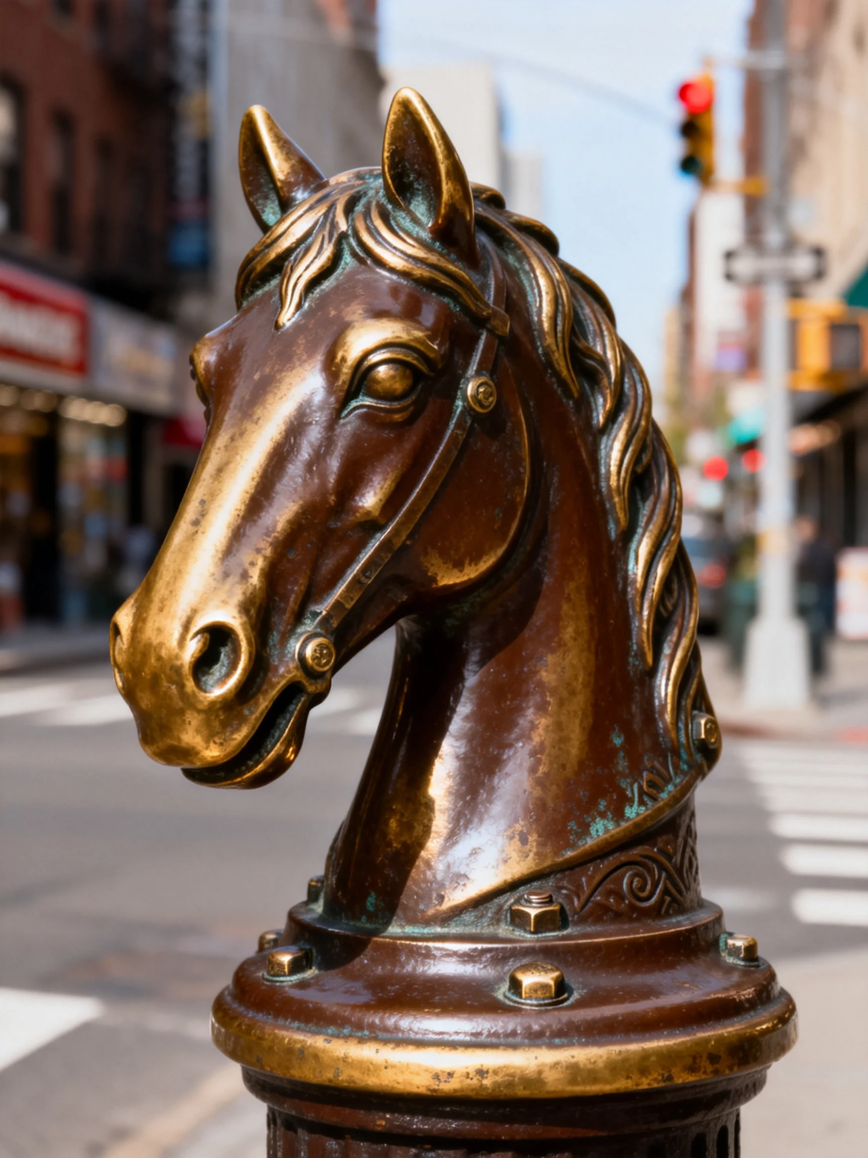 A bronze horse head sculpture with aged patina in an urban setting