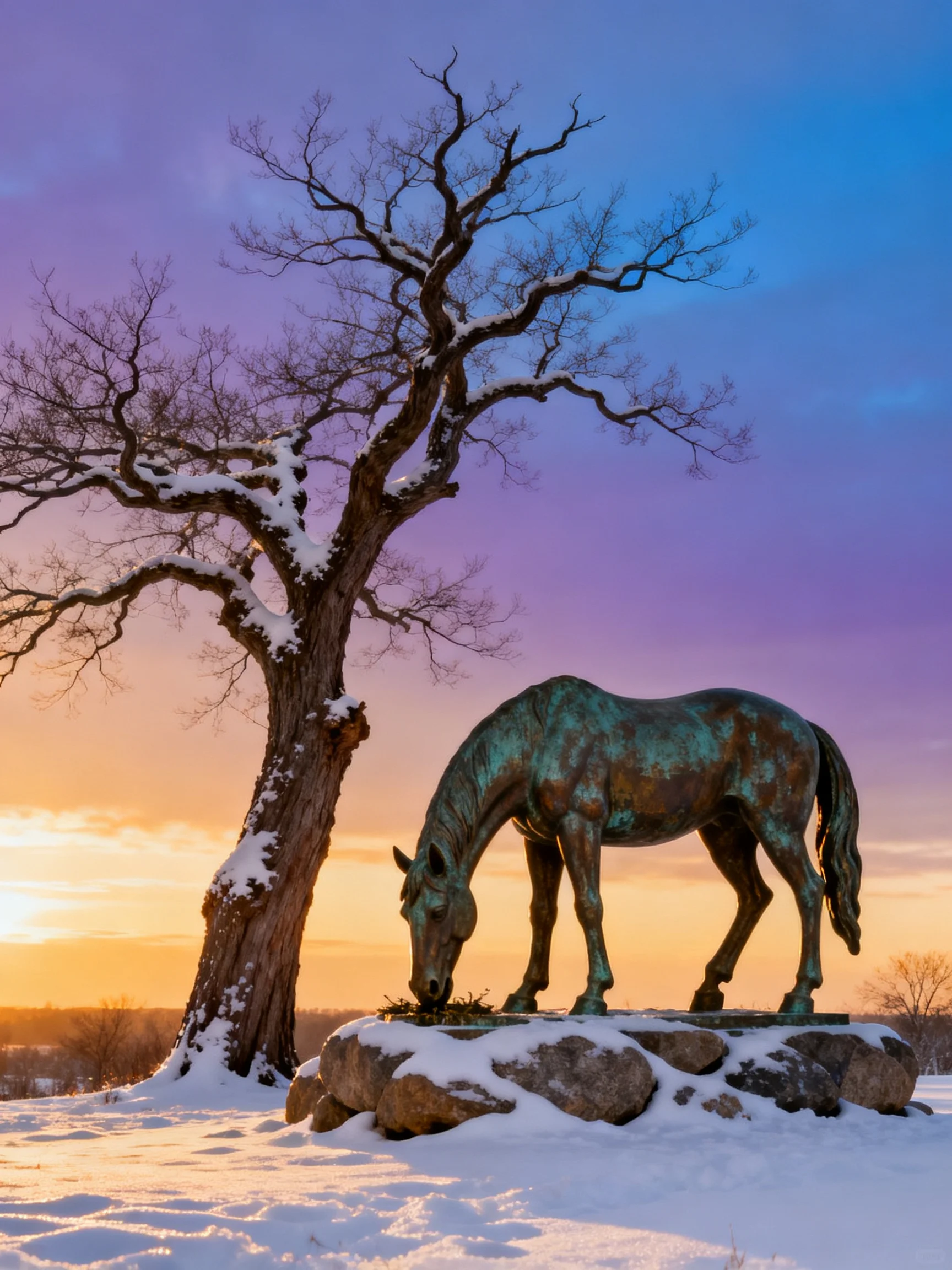 A bronze horse sculpture beside a snow-covered tree under a colorful sunset sky
