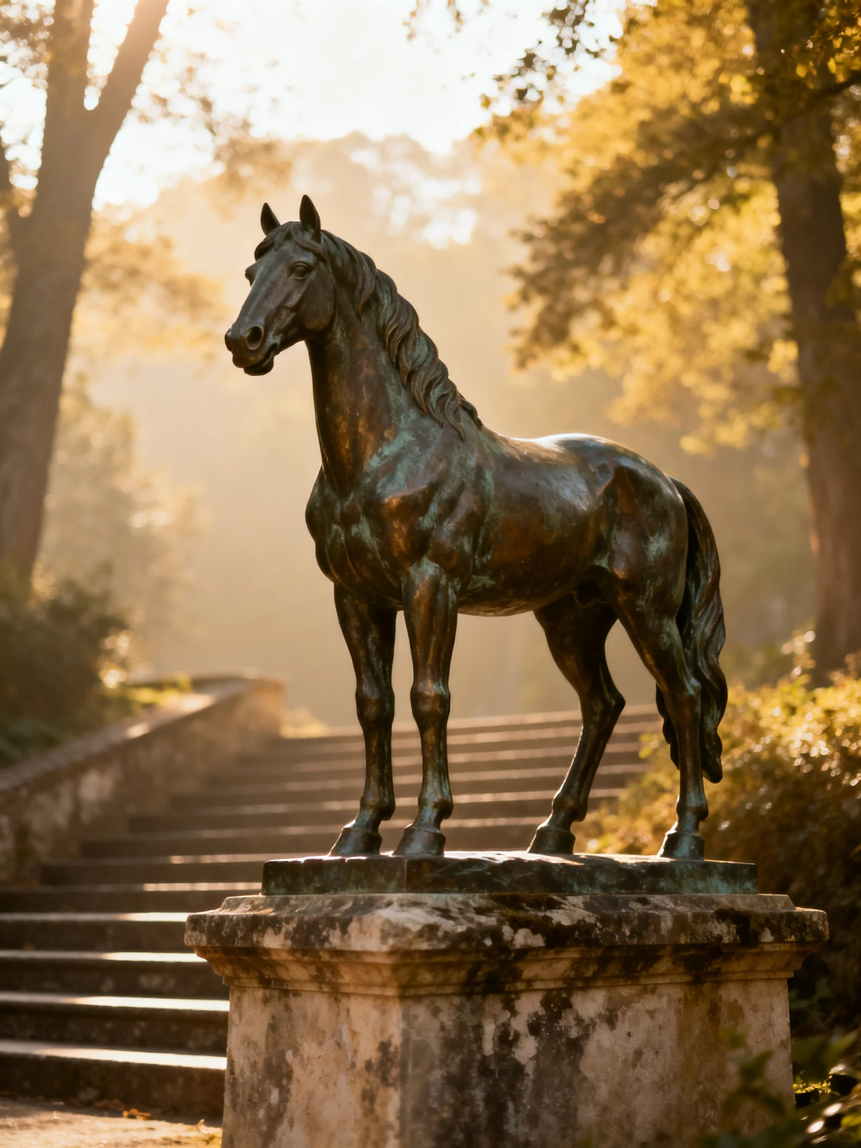 A bronze horse statue atop an aged stone pedestal near sunlit steps