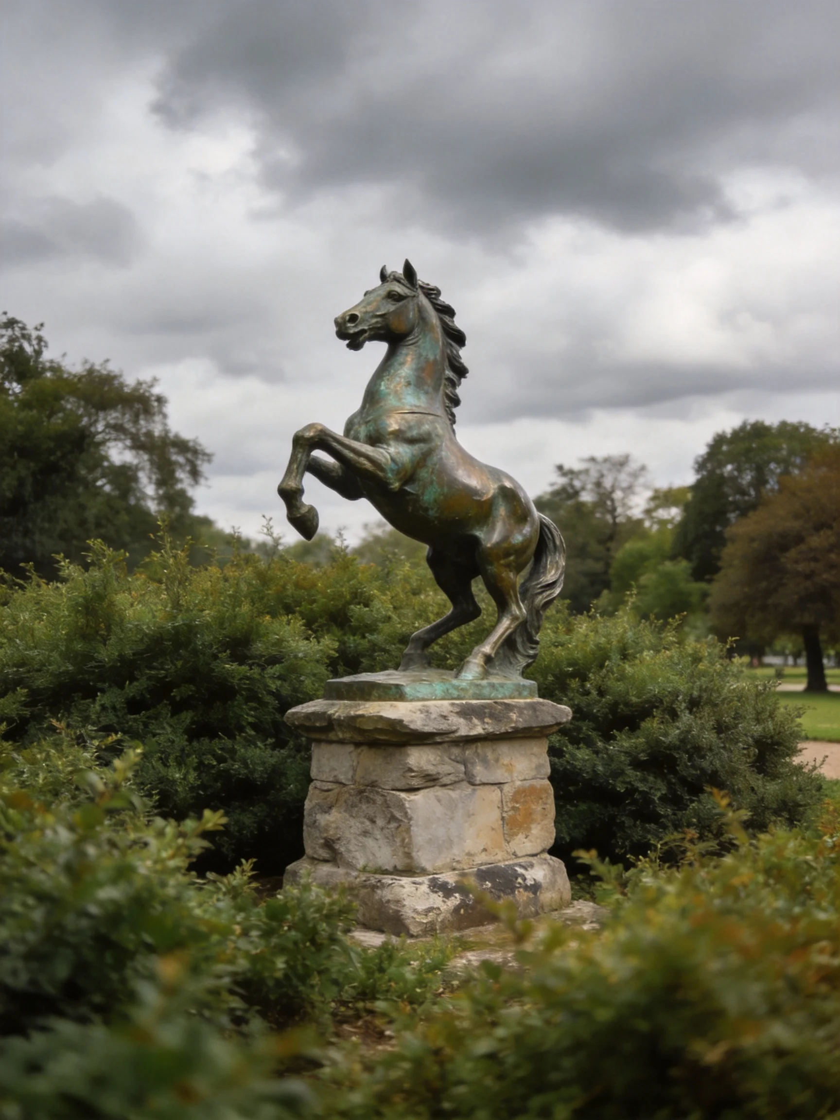 A bronze rearing horse statue on a stone pedestal in a lush garden