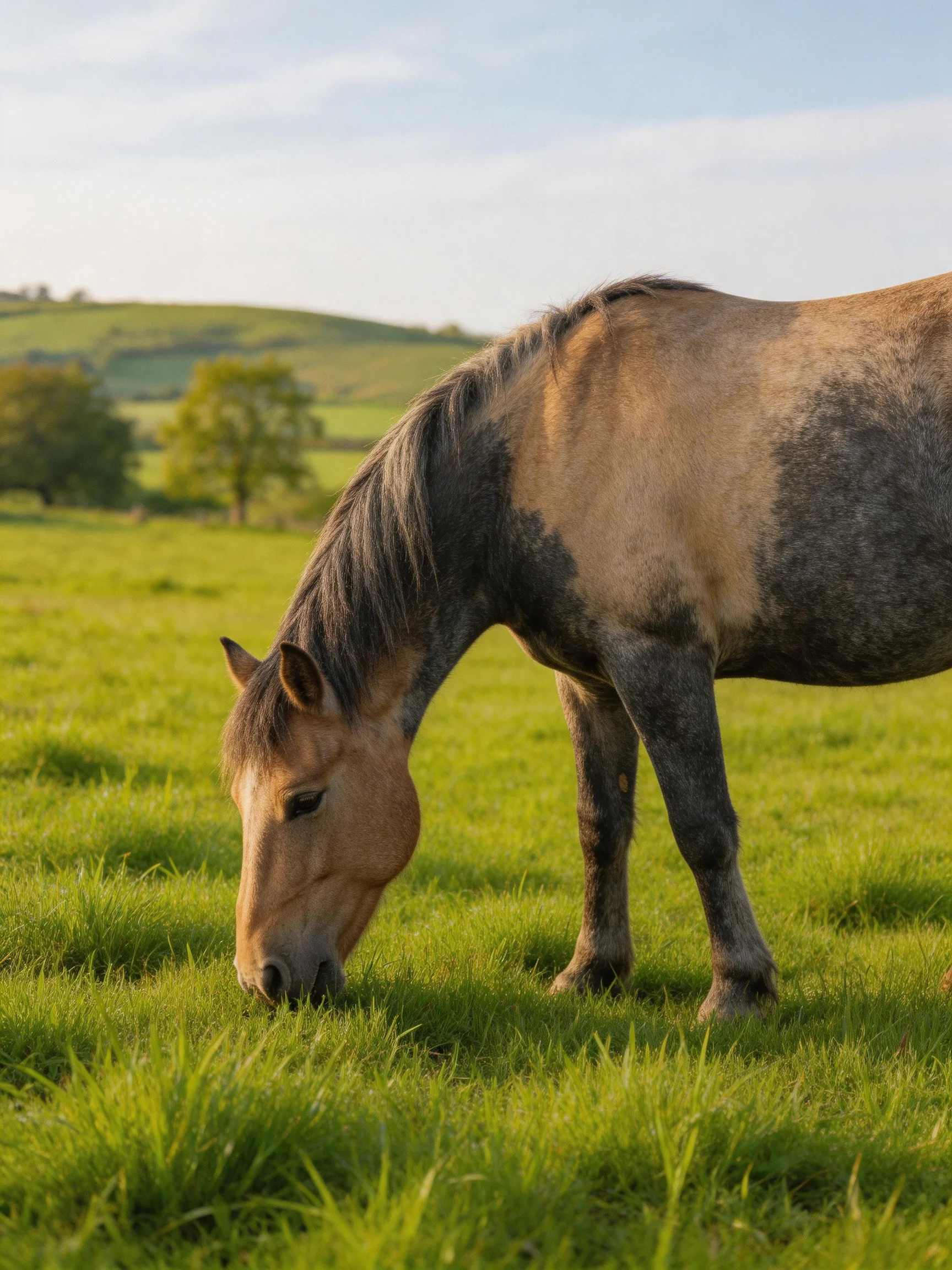 A horse grazes peacefully in a sunlit, verdant pasture.