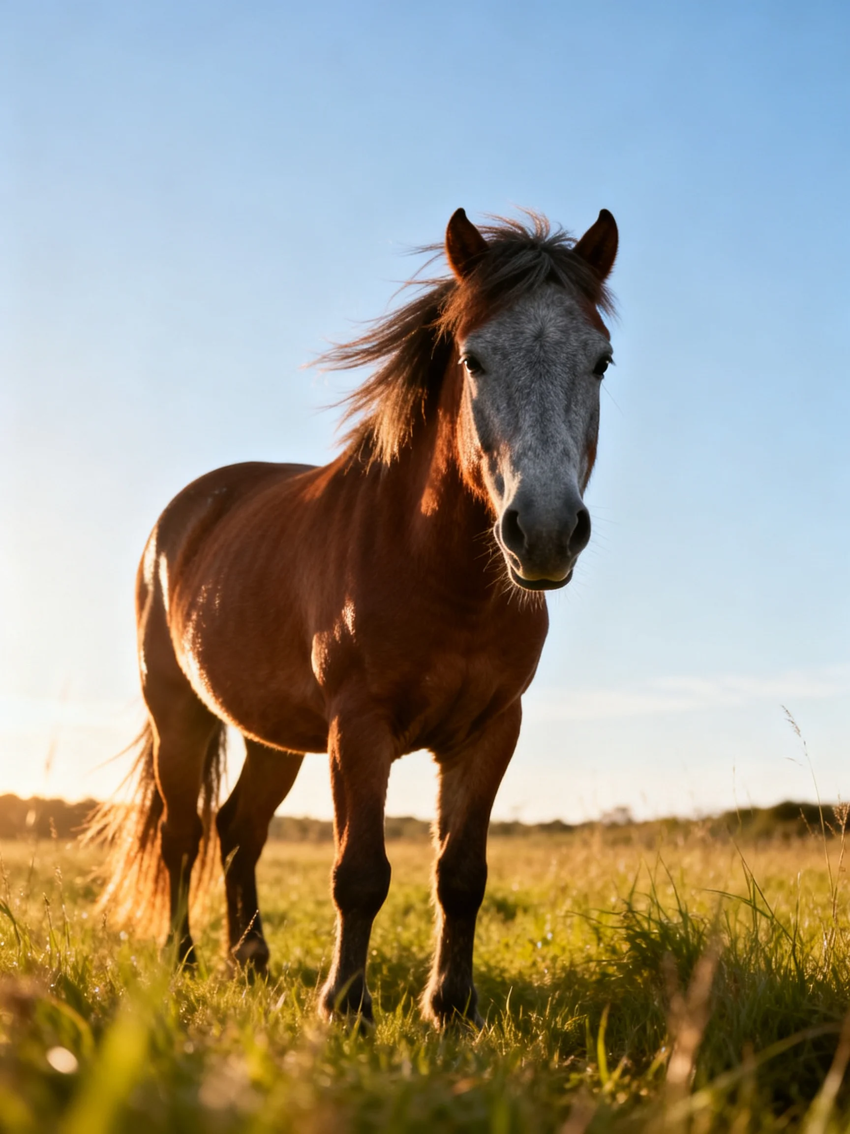 A brown and gray horse stands in a sunlit open field.
