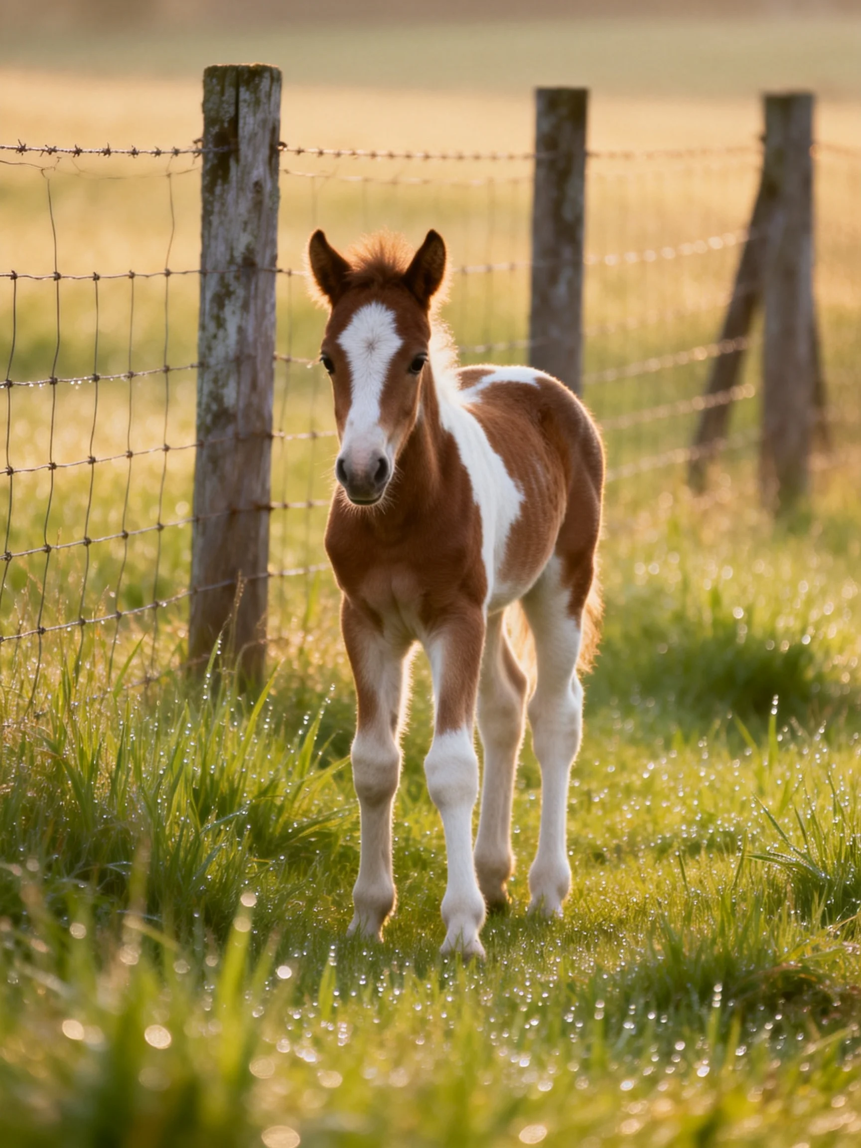 A brown and white foal near a barbed wire fence in dewy grass