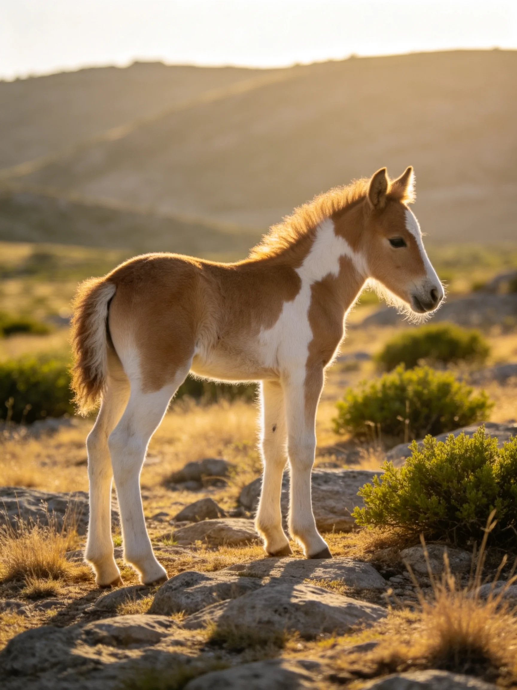 A brown and white foal on rocky terrain under golden light