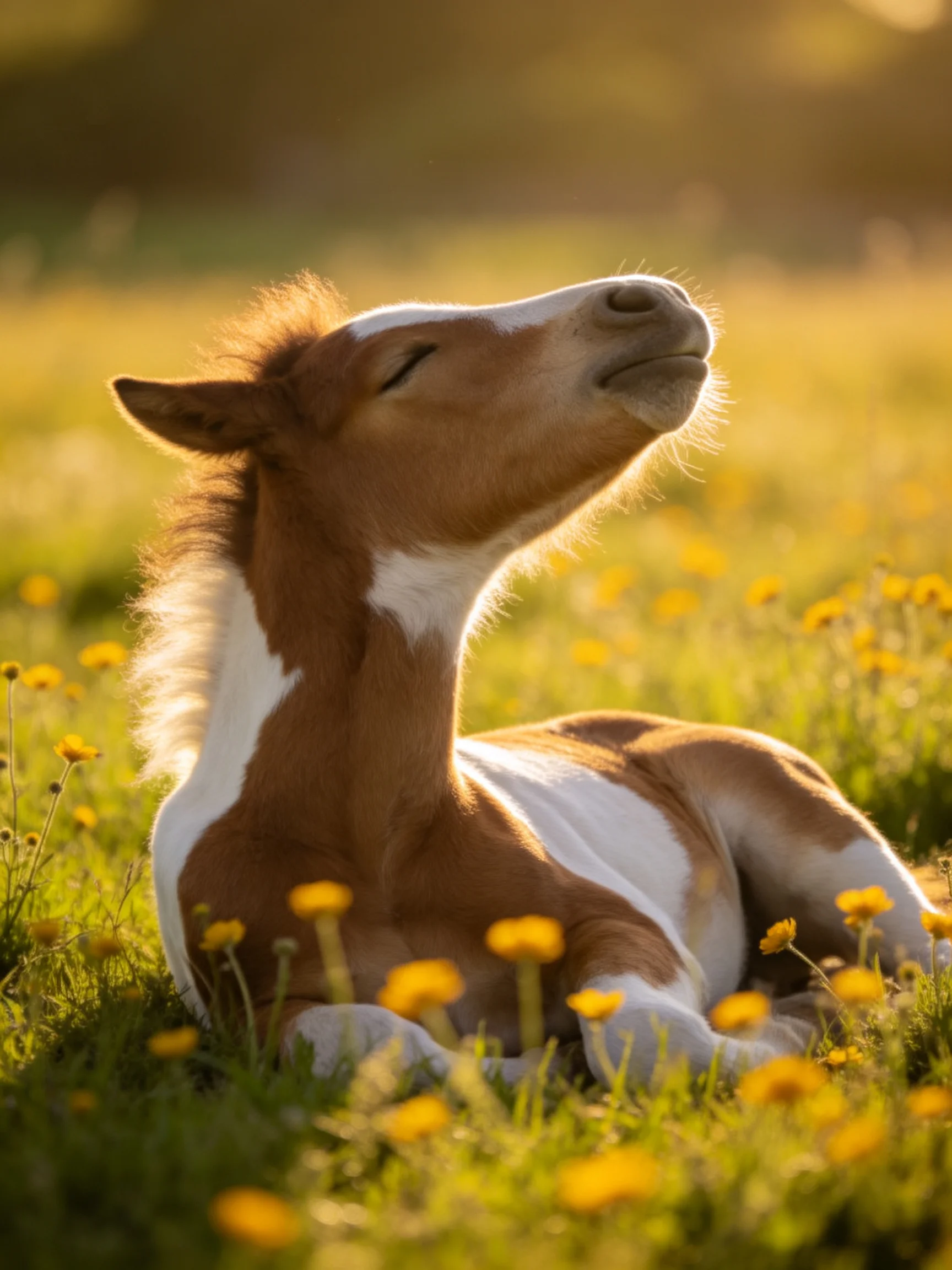 A young brown and white foal relaxes among yellow wildflowers in a sunlit field.