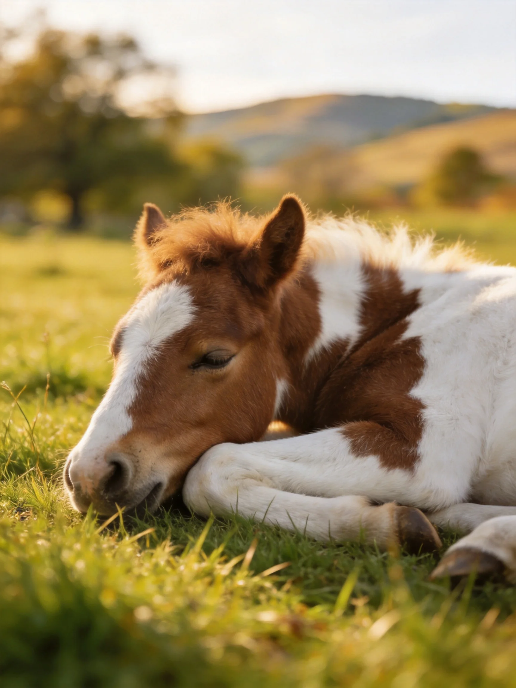 A brown and white foal rests in a sunlit grassy meadow