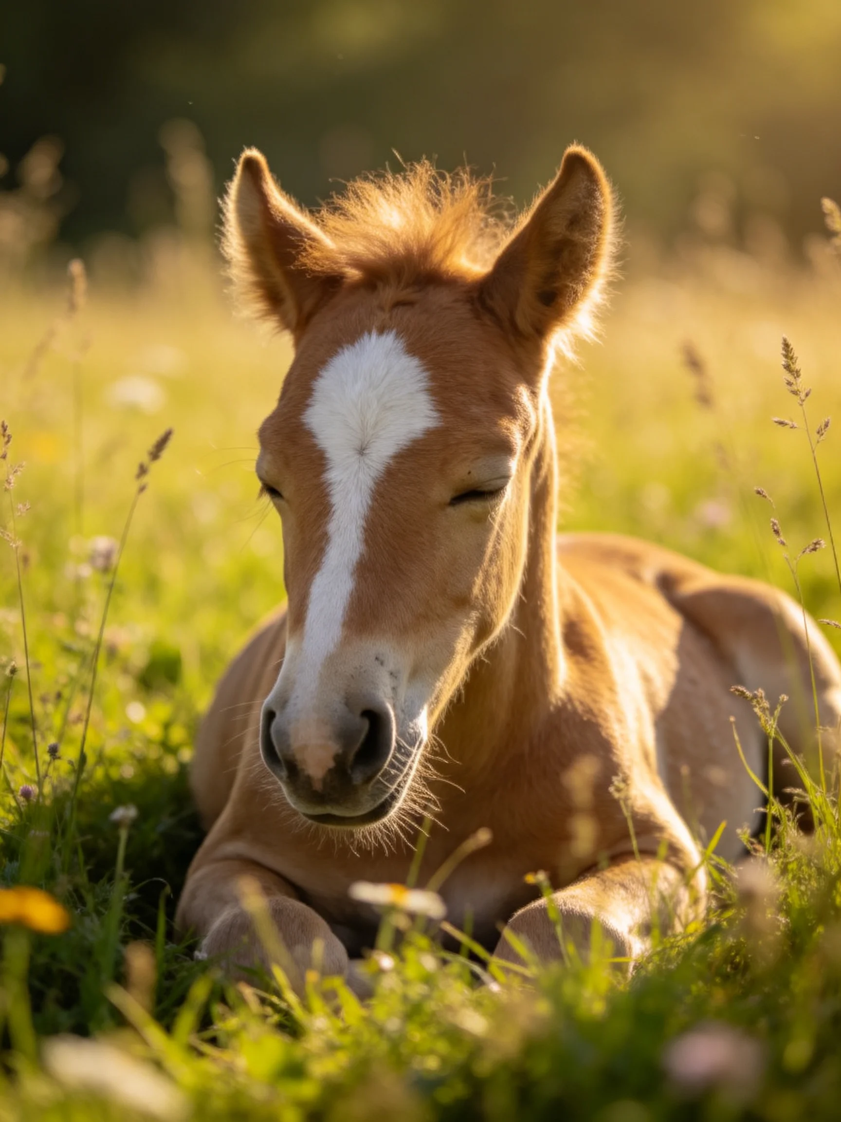 A young foal lies peacefully in a sunlit meadow with tall grass.