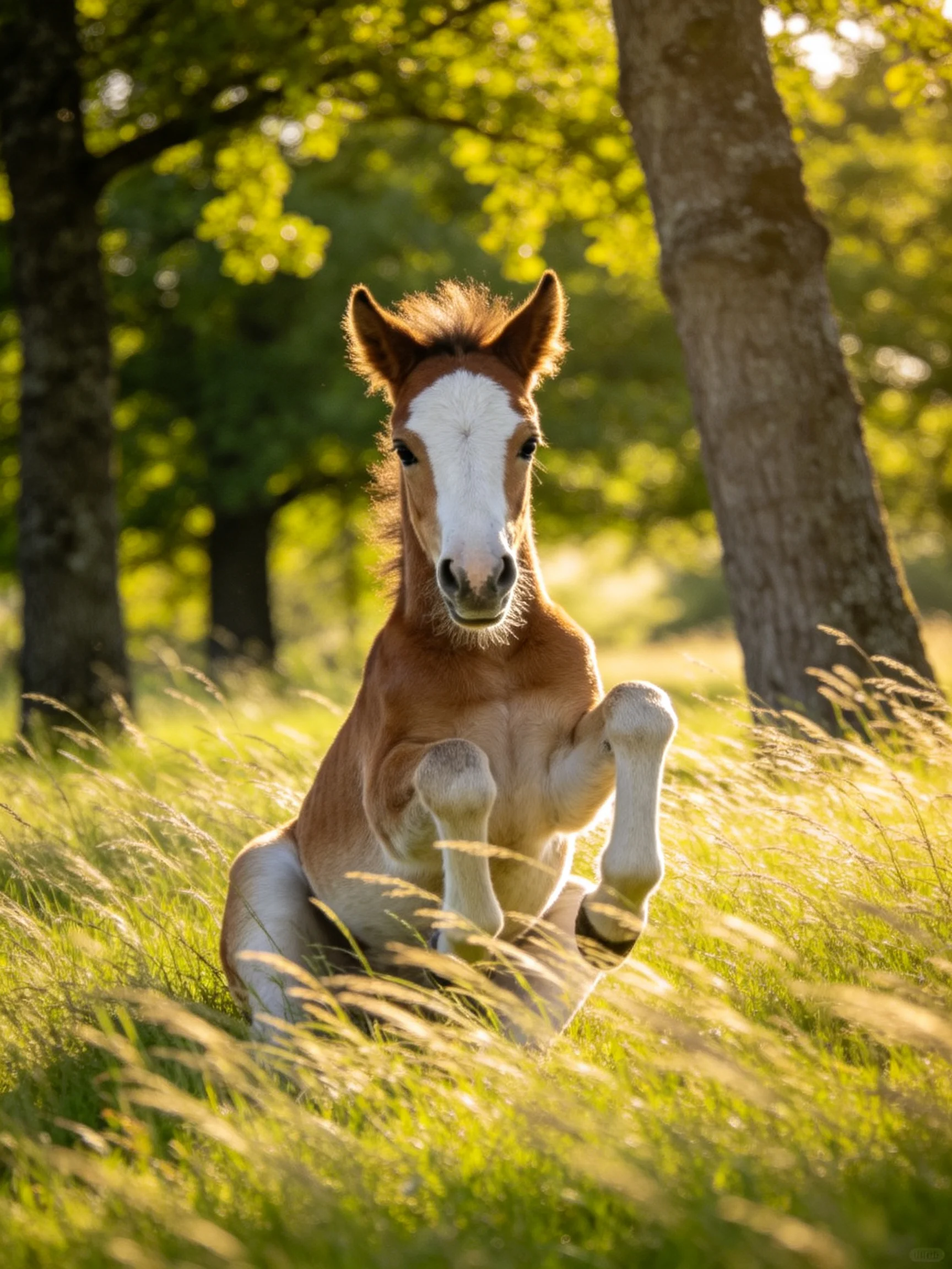 A brown and white foal sits in golden grass near sunlit trees