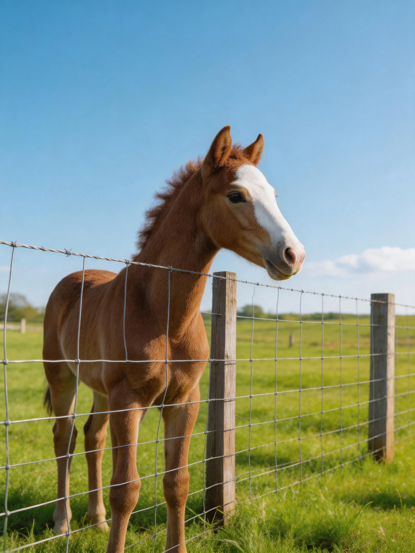 A young brown and white foal stands by a wire fence in an open green pasture.