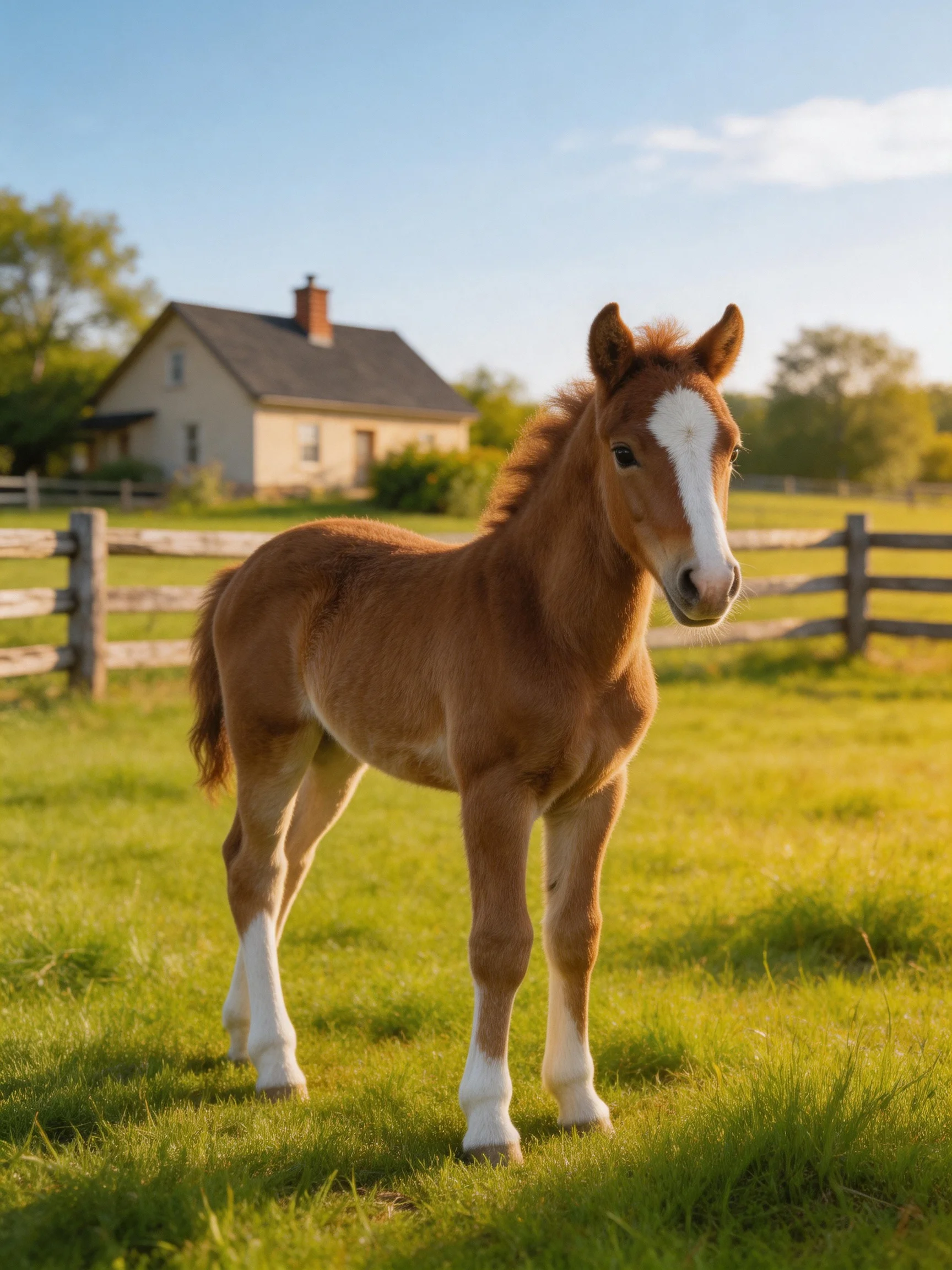A young brown and white foal stands in a sunlit pasture near a house.