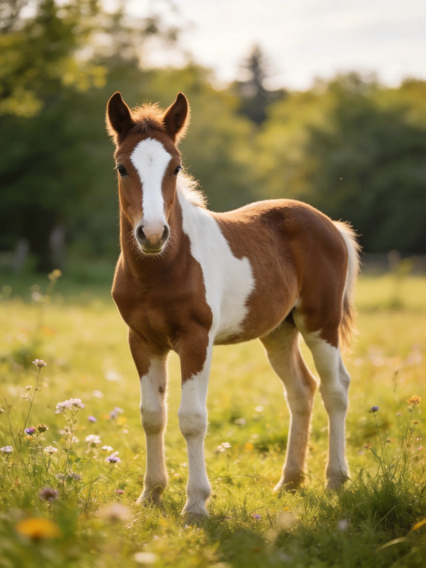 A brown and white foal stands in a sunlit meadow
