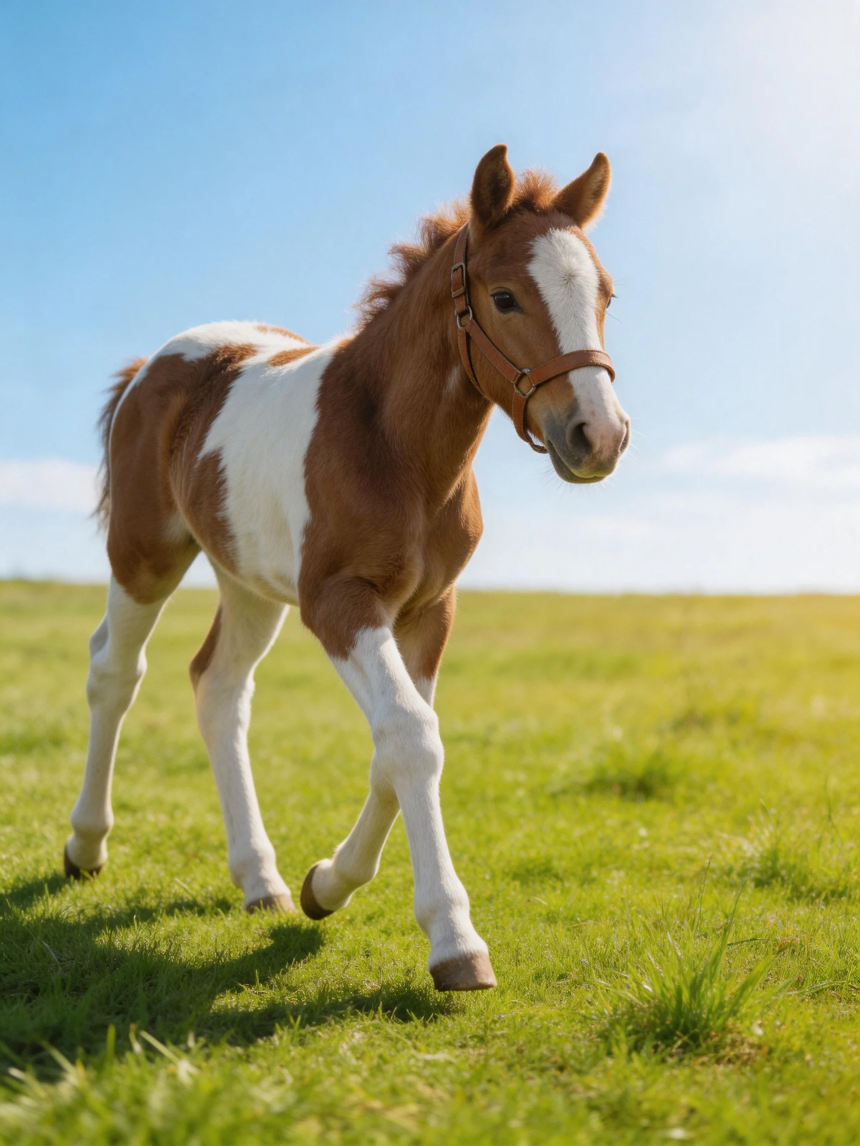 A brown and white foal trotting through a bright green meadow