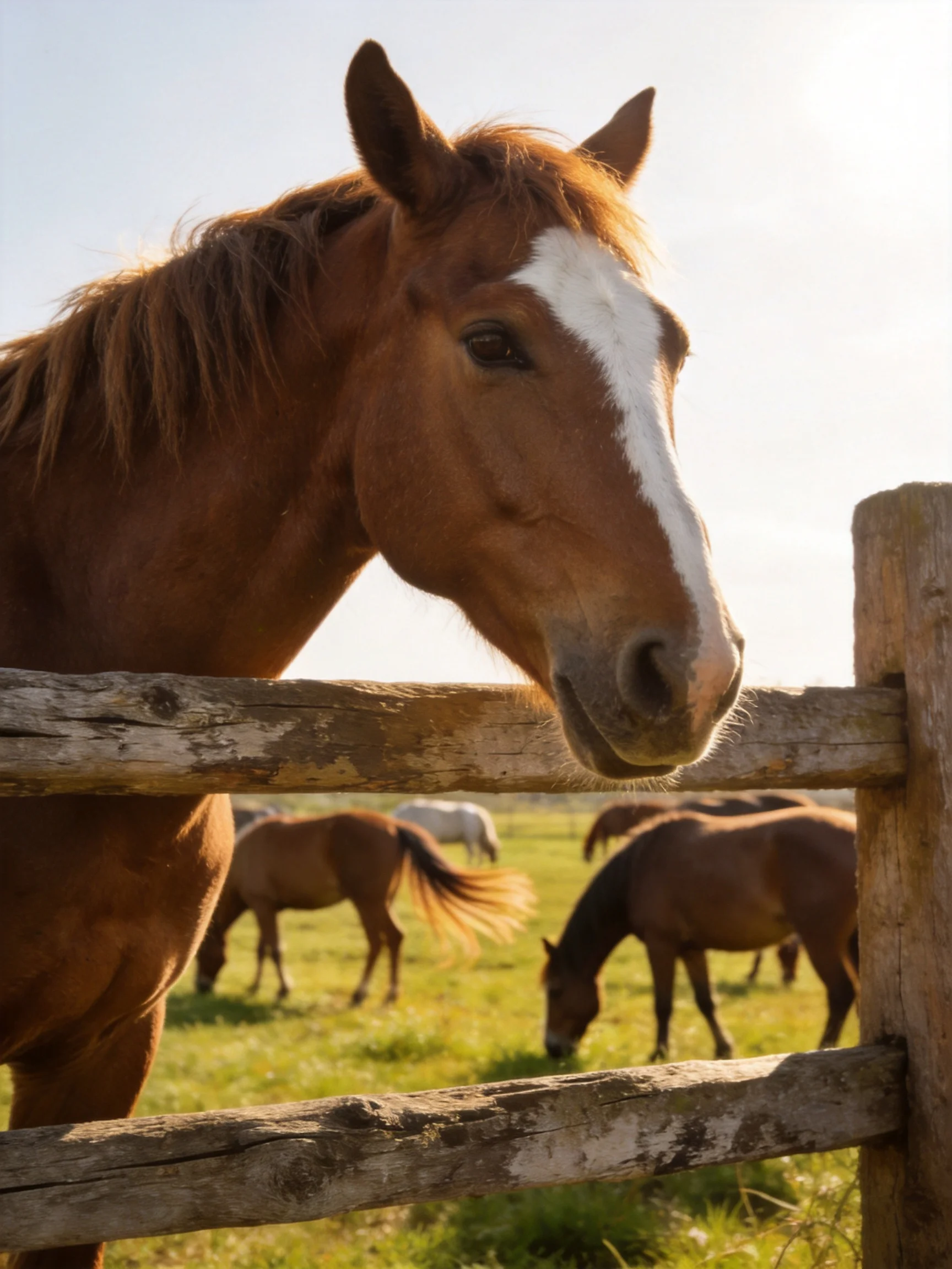 A brown and white horse by a weathered wooden fence with grazing horses