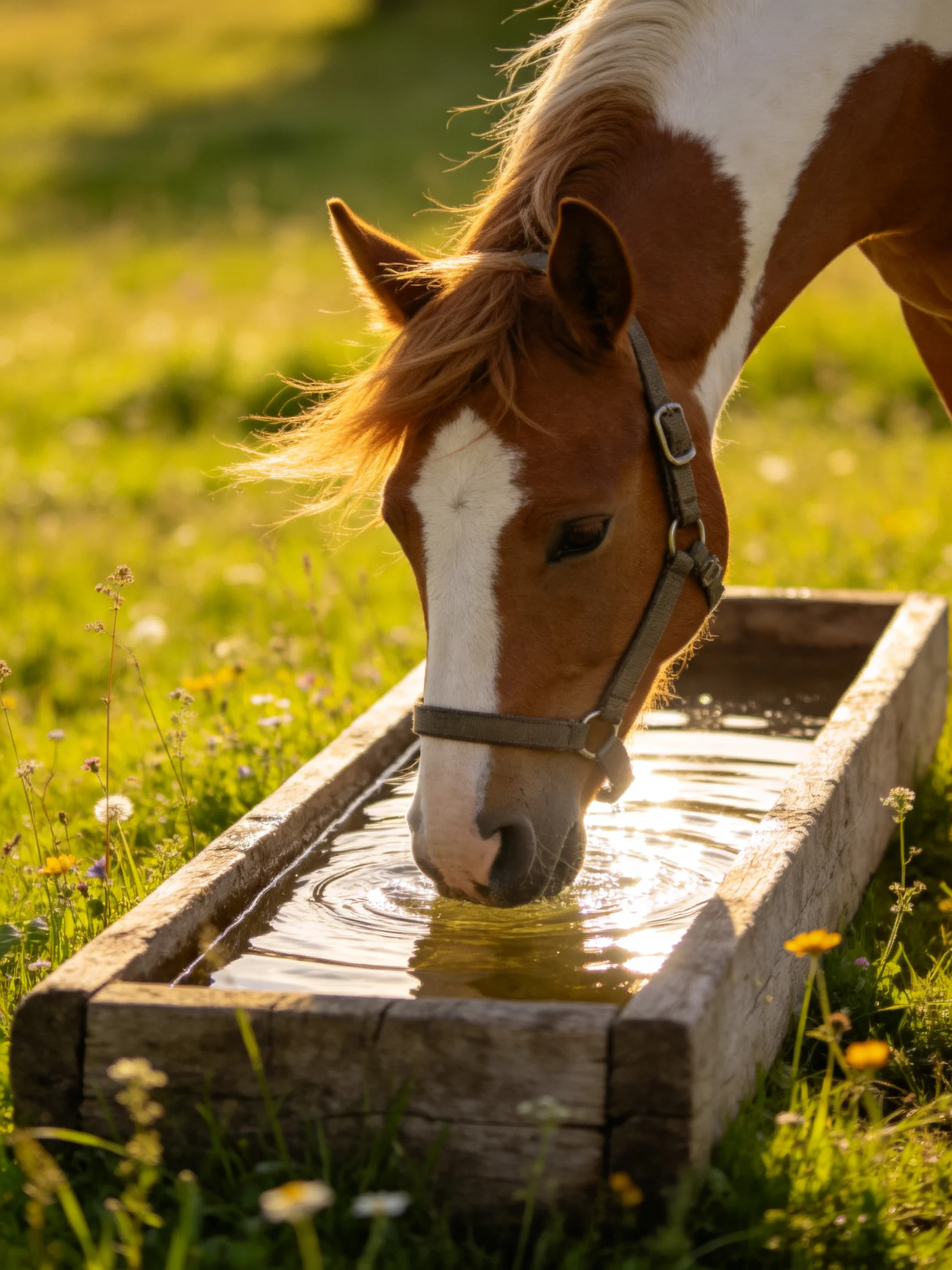 A brown and white horse drinks from a wooden trough in a sunlit meadow